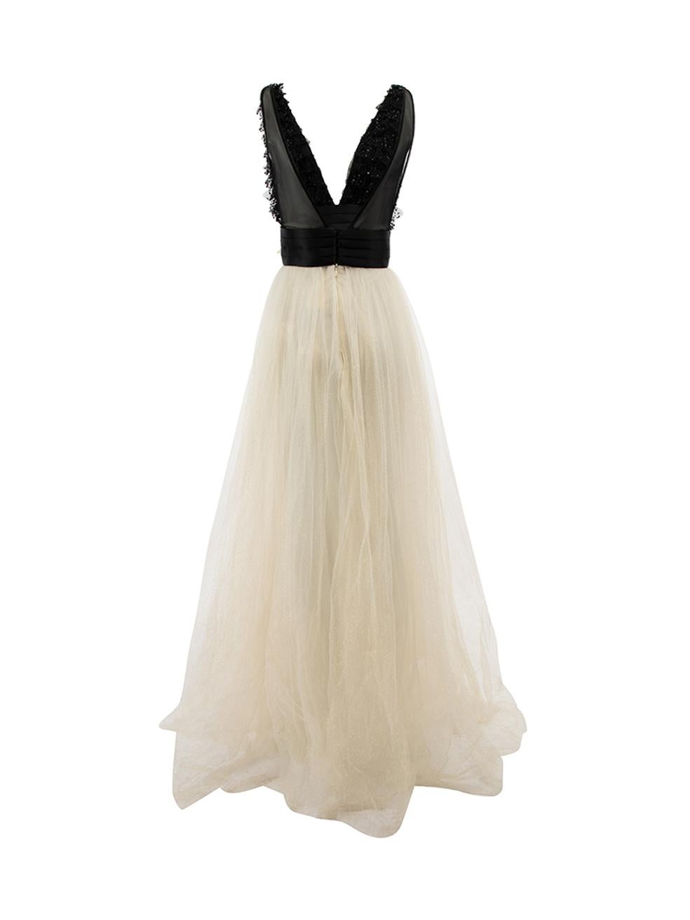 Elisabetta Franchi Women's Black & Cream Beaded Bodice Evening Gown In New Condition In London, GB