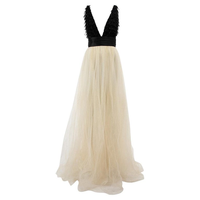 Elisabetta Franchi Women's Black and Cream Beaded Bodice Evening Gown ...
