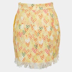 Elisabetta Franchi Yellow Hearts print Cotton Canvas Fringed Mini Skirt S