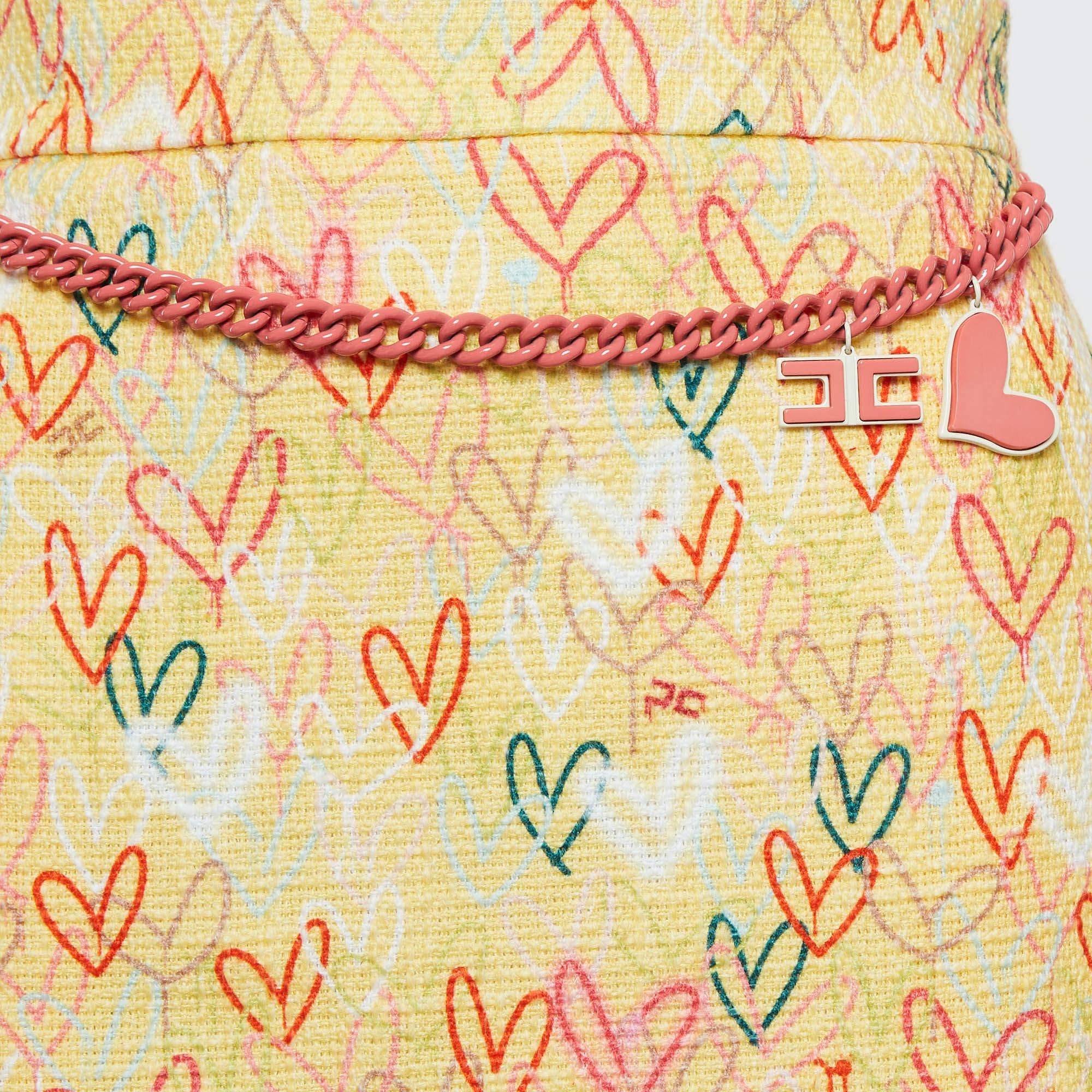 Beige Elisabetta Franchi Yellow Hearts print Cotton Canvas Fringed Mini Skirt S For Sale