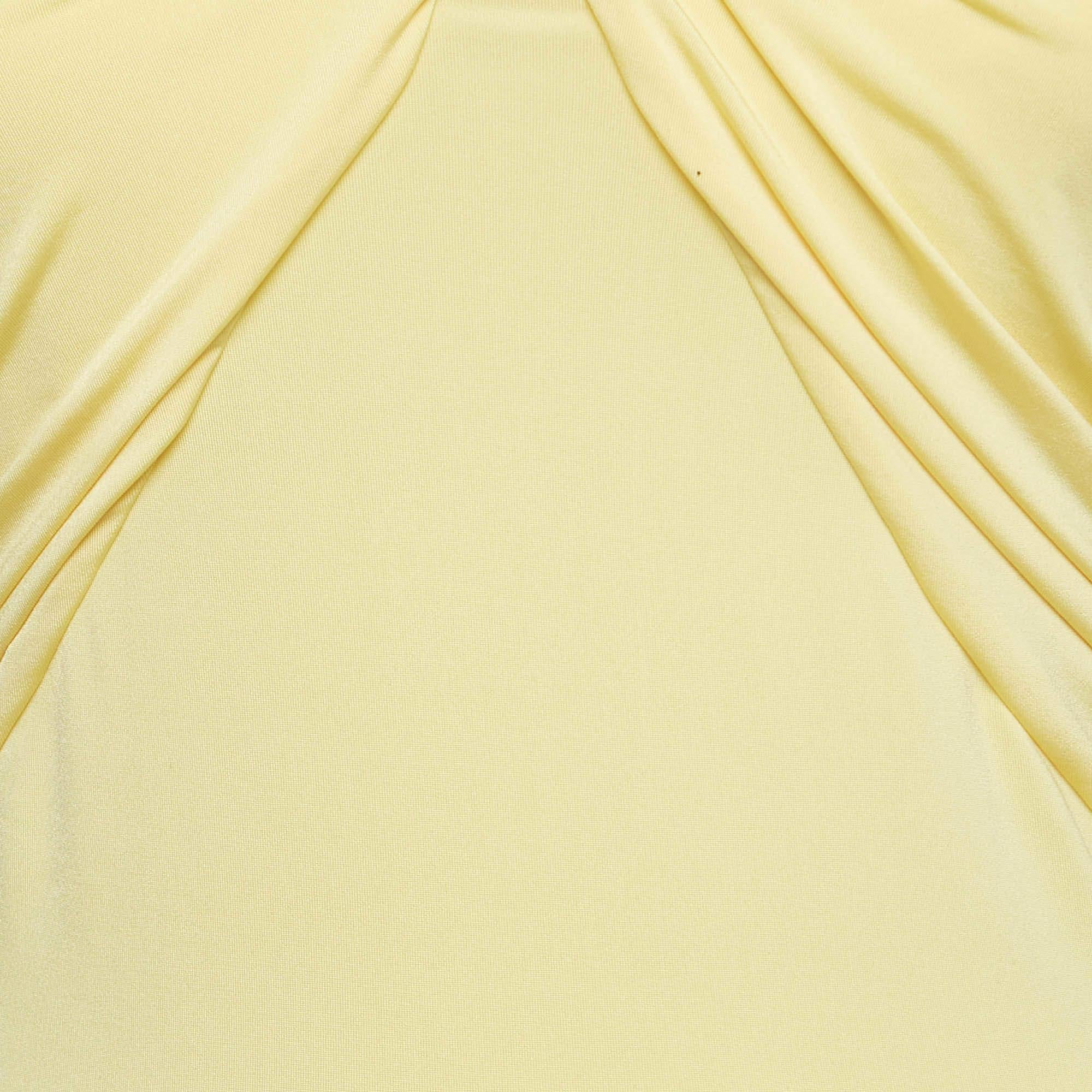 Beige Elisabetta Franchi Yellow Metallic Logo Jersey Ruched Tie-Up Neck Bodysuit S For Sale