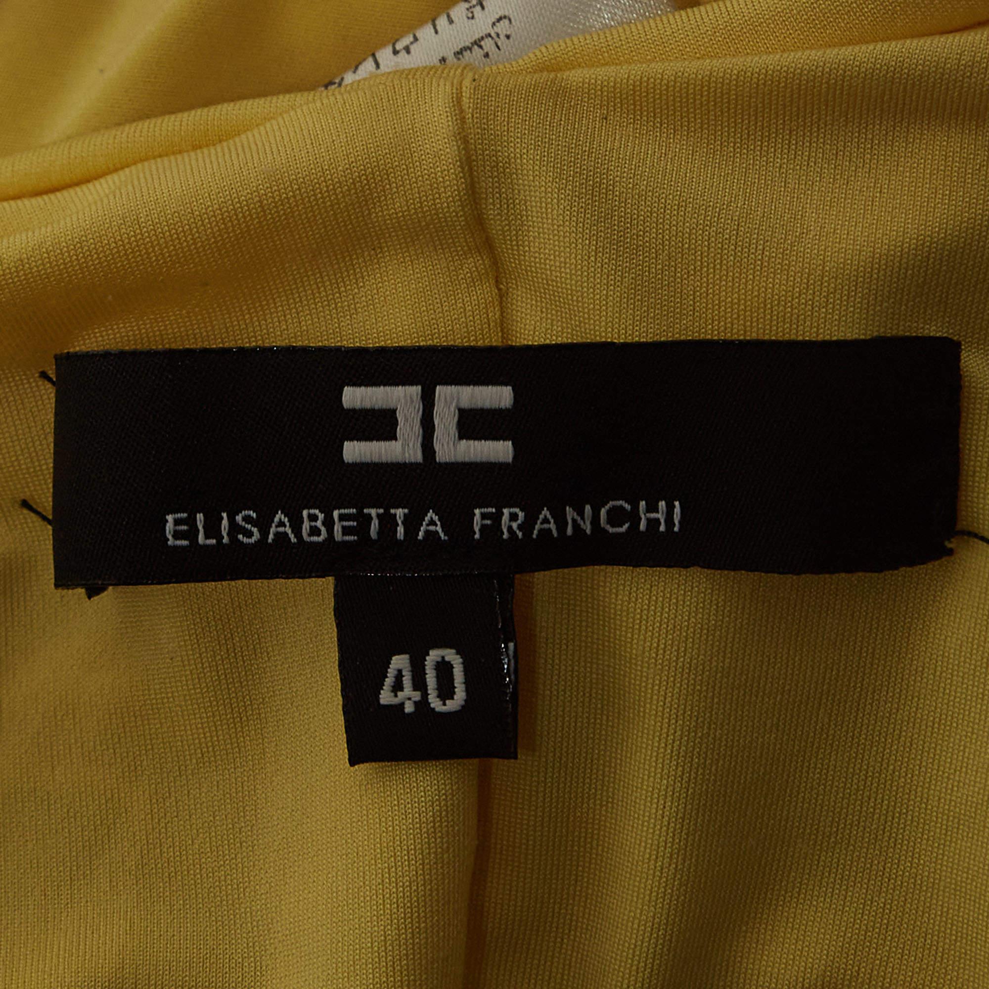 Elisabetta Franchi Yellow Metallic Logo Jersey Ruched Tie-Up Neck Bodysuit S In Good Condition For Sale In Dubai, Al Qouz 2