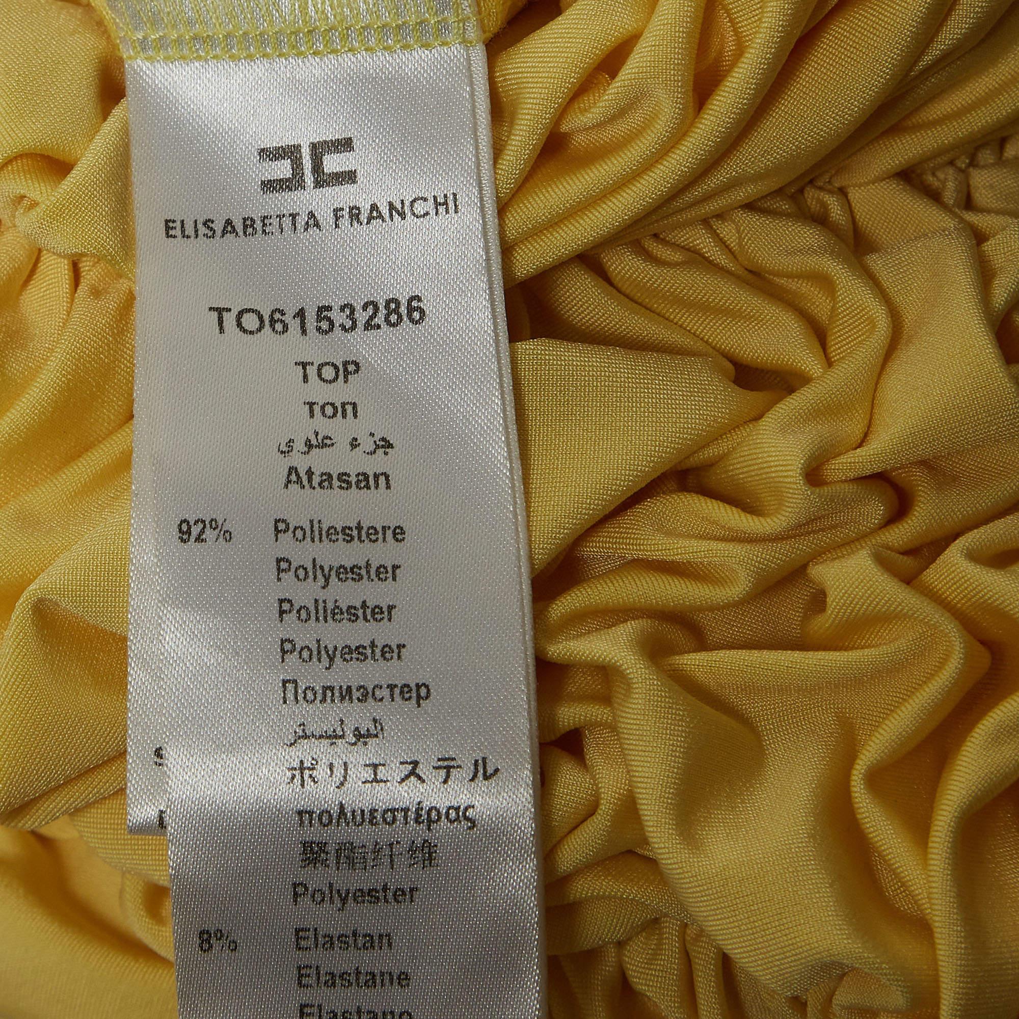 Women's Elisabetta Franchi Yellow Metallic Logo Jersey Ruched Tie-Up Neck Bodysuit S For Sale