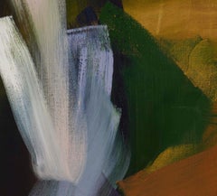 "Pastoral Concert, " abstract, gestural painting in greens, reds and golds