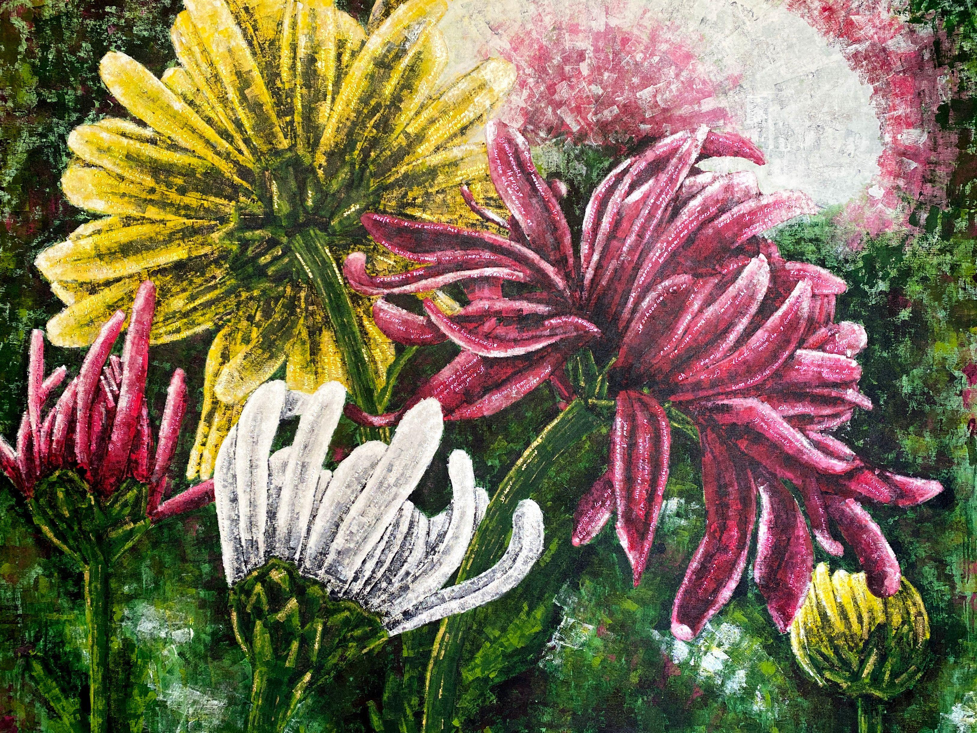 Elise Eekhout used to work in greenhouses with chrysanthemums for years before she went to art school. She collaborated with a poet (Joop Alleblas) for a series inspired by those colorful flowers.    Since the chrysanthemum blooms in the fall, the