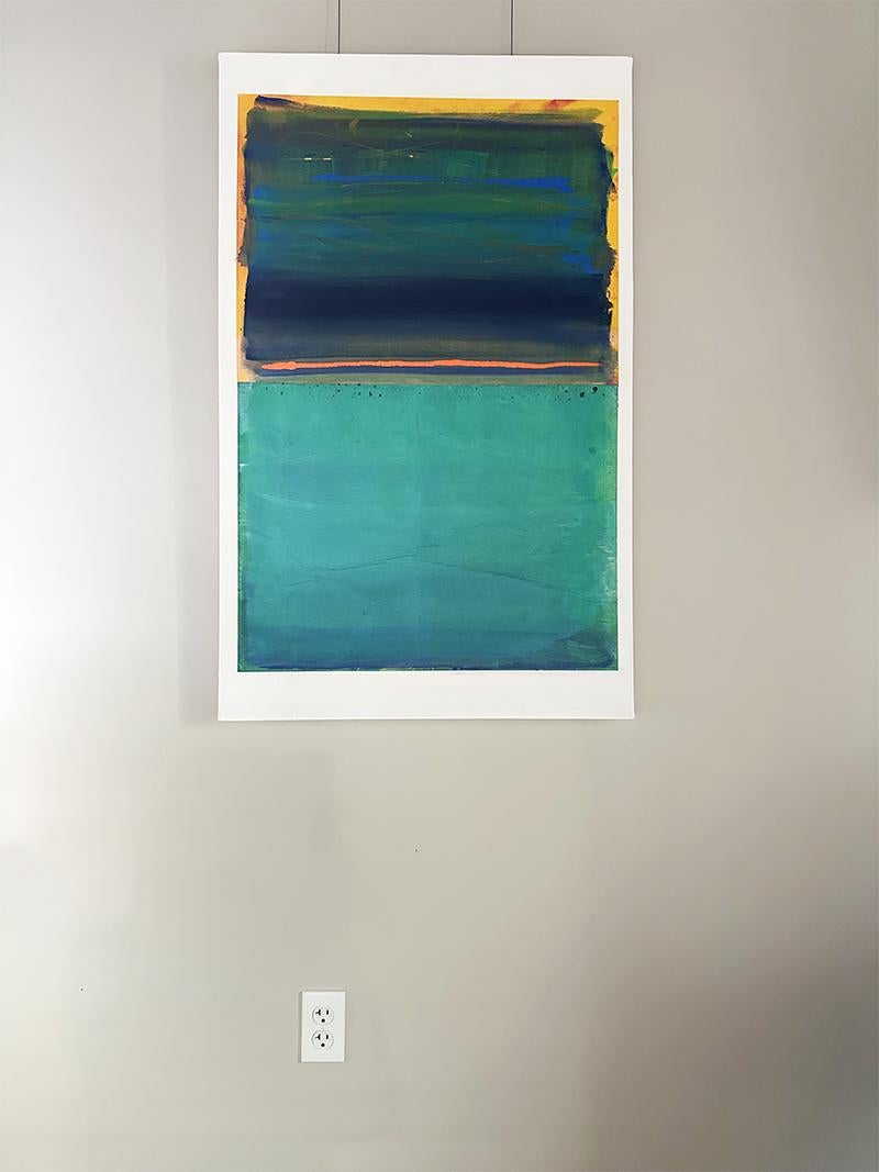 This abstract painting (Land/Water) is an exceptional example of NY-based contemporary artist Elise Freda’s work. It is painted with acrylic and ink on rice paper and mounted to a bright white painted canvas. The colors, shapes, balance, layered