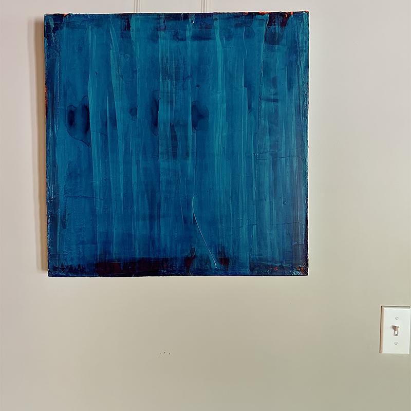 Stagno estivo Astratto acquatico Ceruleo Cobalto Blu Ftalo Linee lineari verticali - Painting di Elise Freda