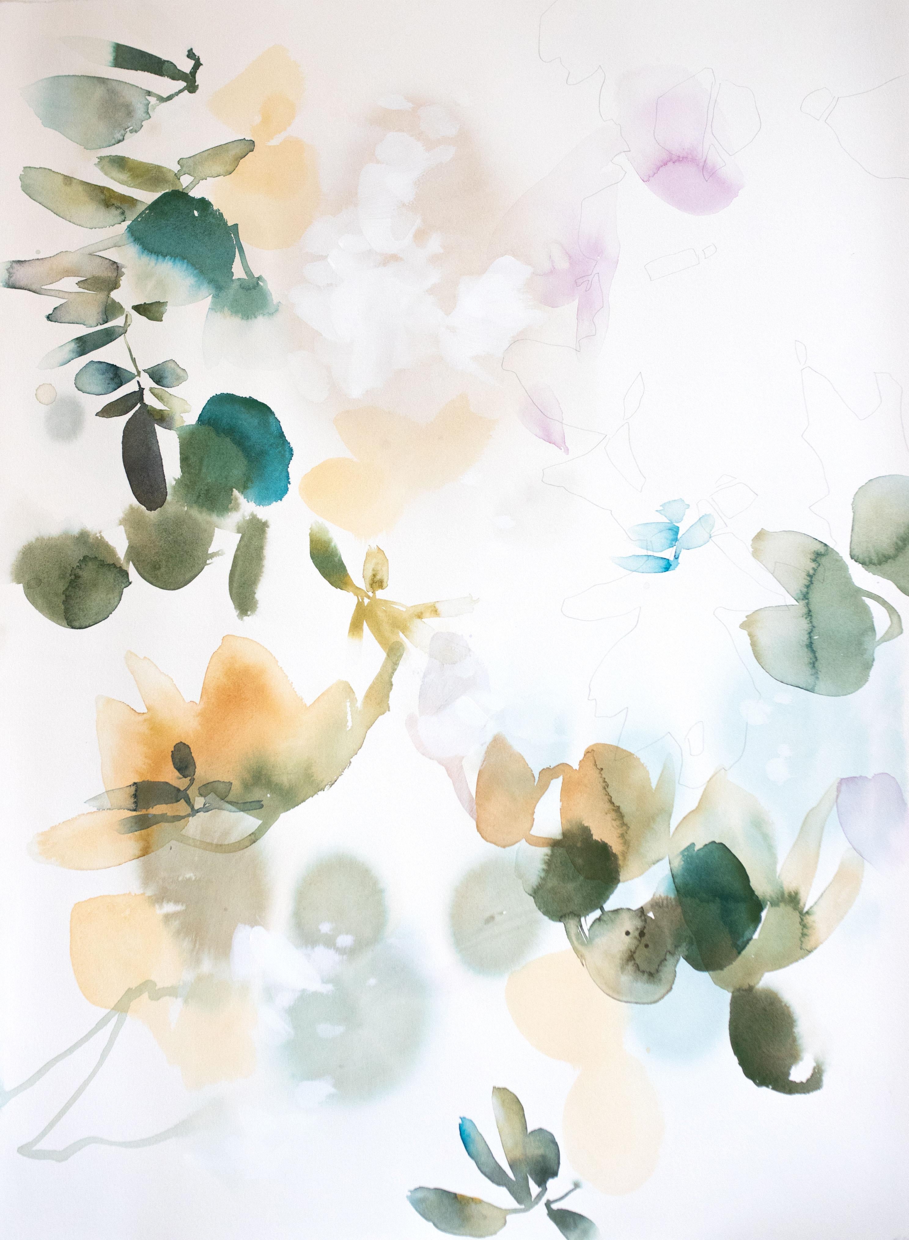Elise Morris
Certain Rarity 3, 2019
acrylic and graphite on paper
30 x 22 in

This delicate painting on paper features abstracted, painterly leaves and floral imagery in shades of blue, green, and pink.

"For me, painting is an intuitive process of