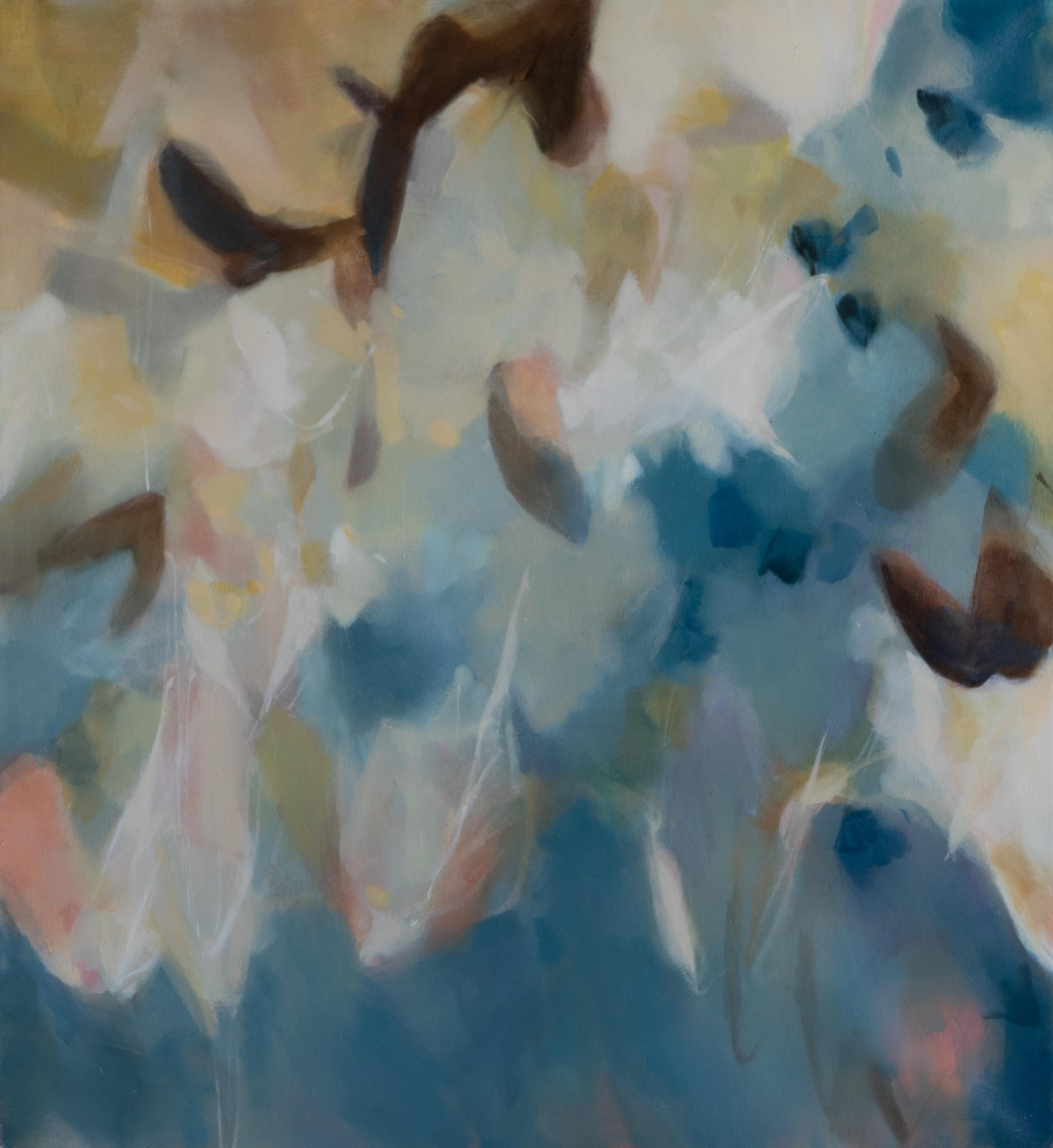 A vertical blue, pink, yellow, and white abstract oil painting by Elise Morris. The composition creates an elegant interplay between delicate forms and vibrant colors, giving a gentle sense of movement. Morris achieves these visual effects through