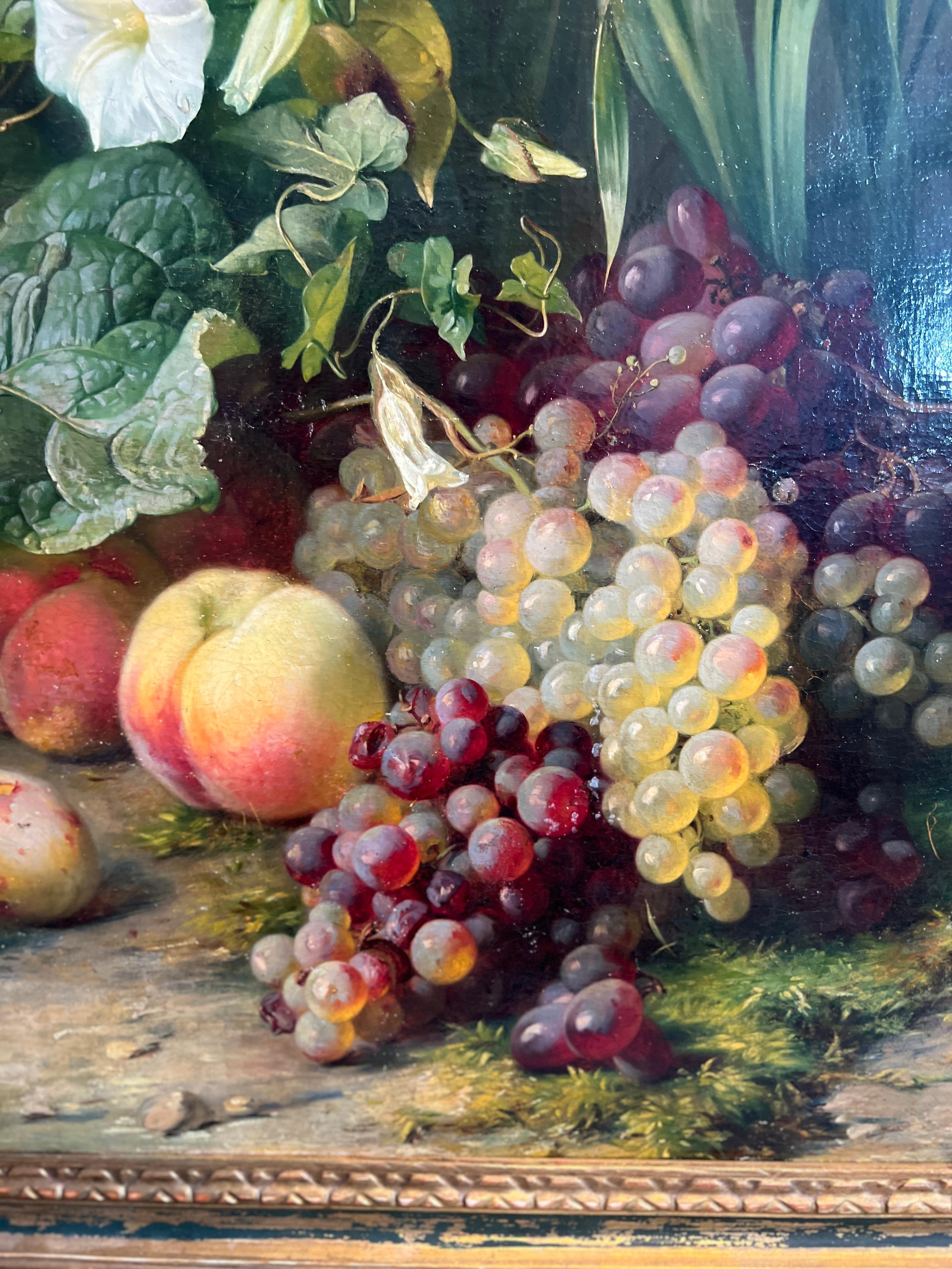 Elise Puyroche-Wagner (German, 1828-1895), circa 1853. Oil on Canvas in Giltwood Frame. 

An extremely fine painting featuring a naturalist floral scene, flowers, grapes, peaches, an adorable bee to lower left and mosquito to the left lower leaf.