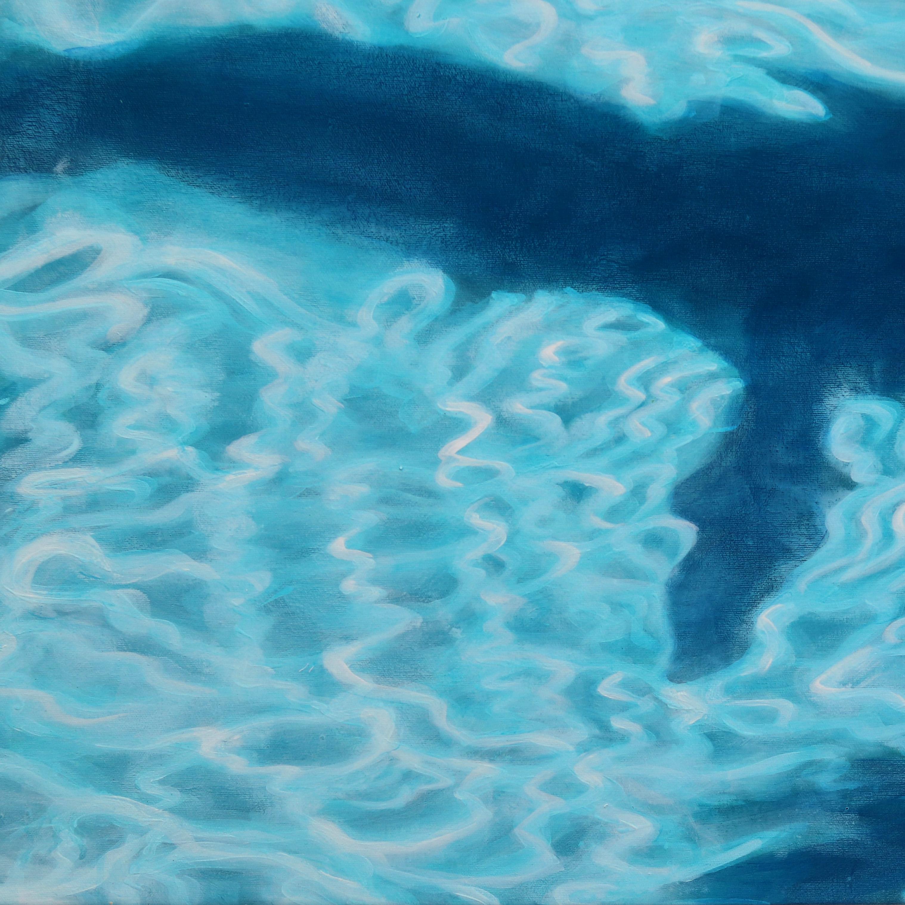 Blue Reflections - Large Blue Bather Photorealist Original Figurative Painting For Sale 3
