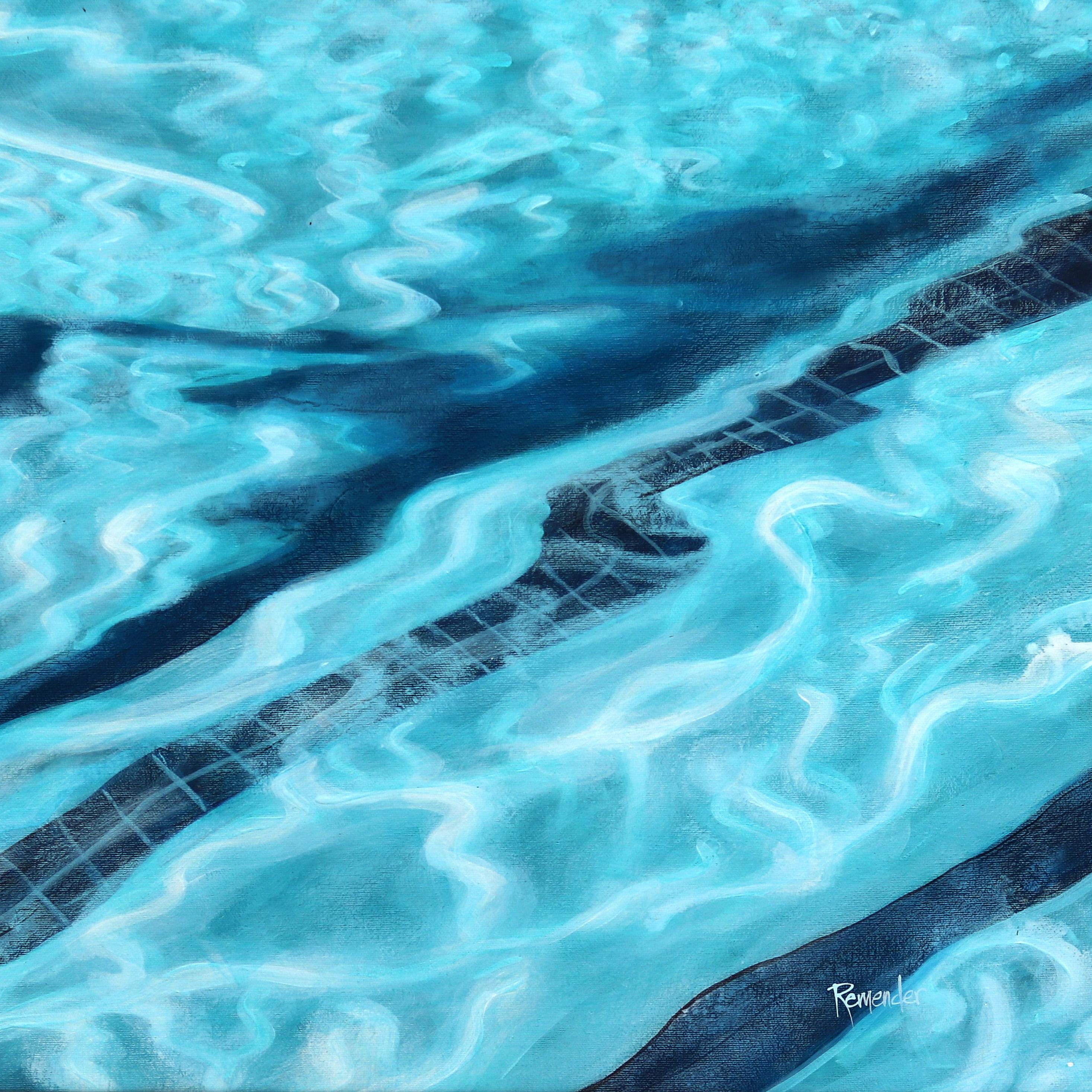 Blue Reflections - Large Blue Bather Photorealist Original Figurative Painting For Sale 4