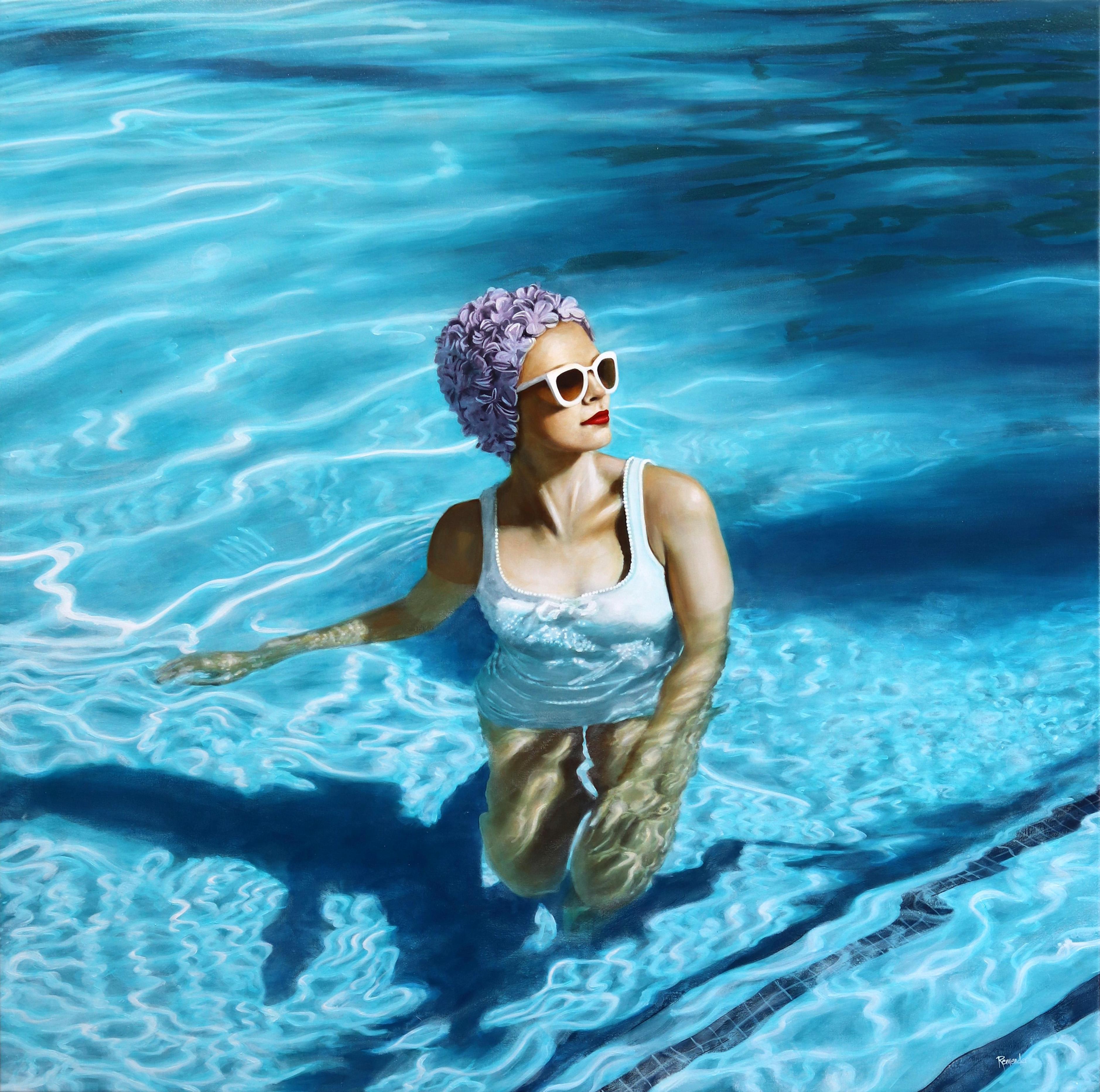 Figurative Painting de Elise Remender - Reflejos azules - Gran bañista azul Pintura figurativa original fotorrealista