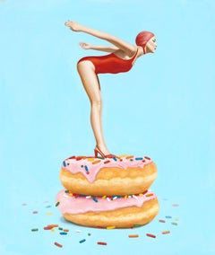 "Day Dream" surrealist oil painting of a woman in red suit diving off donuts