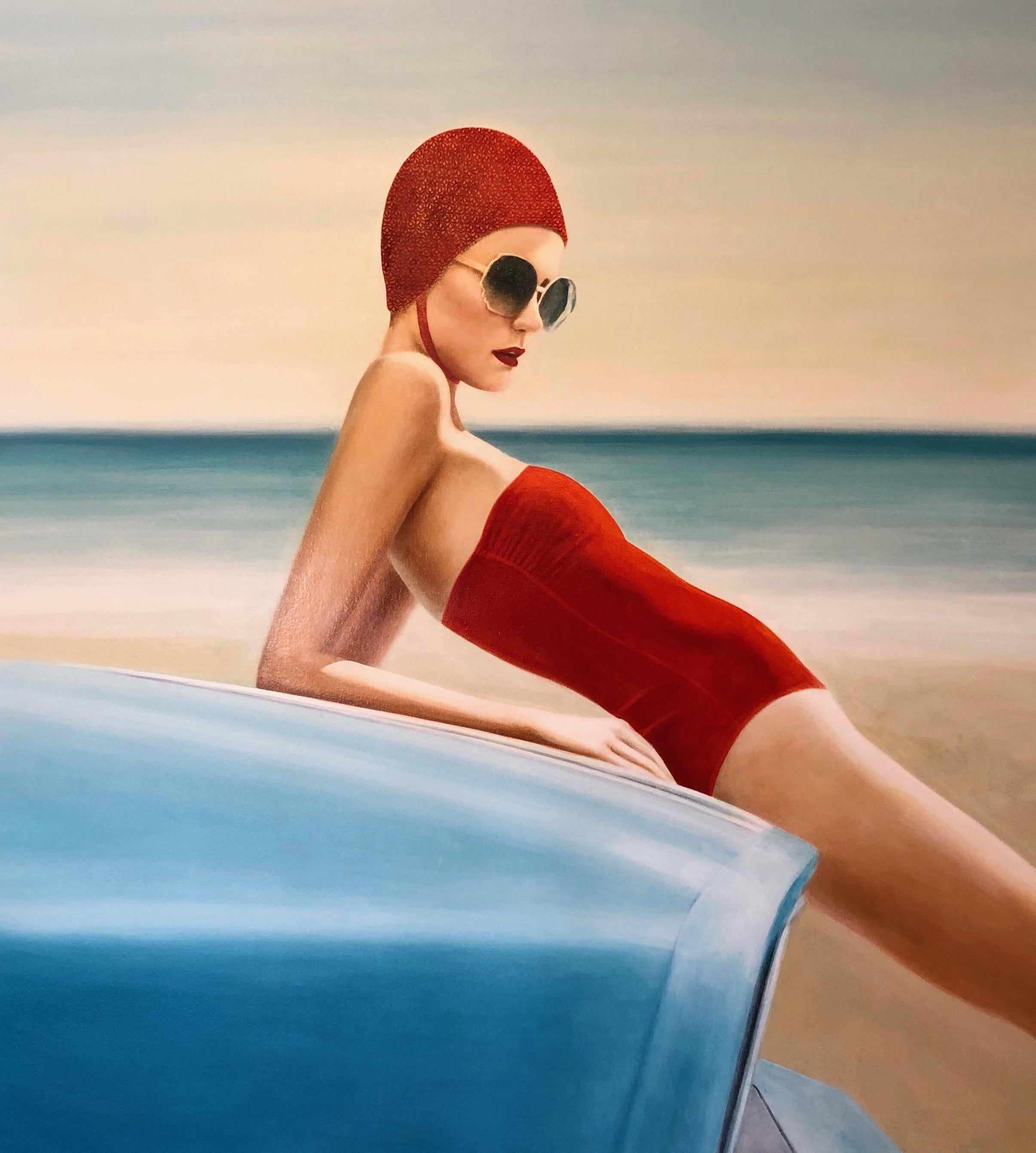Elise Remender Figurative Painting - "Distant Summer" Woman in a red cap and bathing suit leaned on vintage blue car