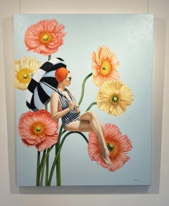 "Golden Afternoon" Whimsical painting of a woman on orange, yellow poppies