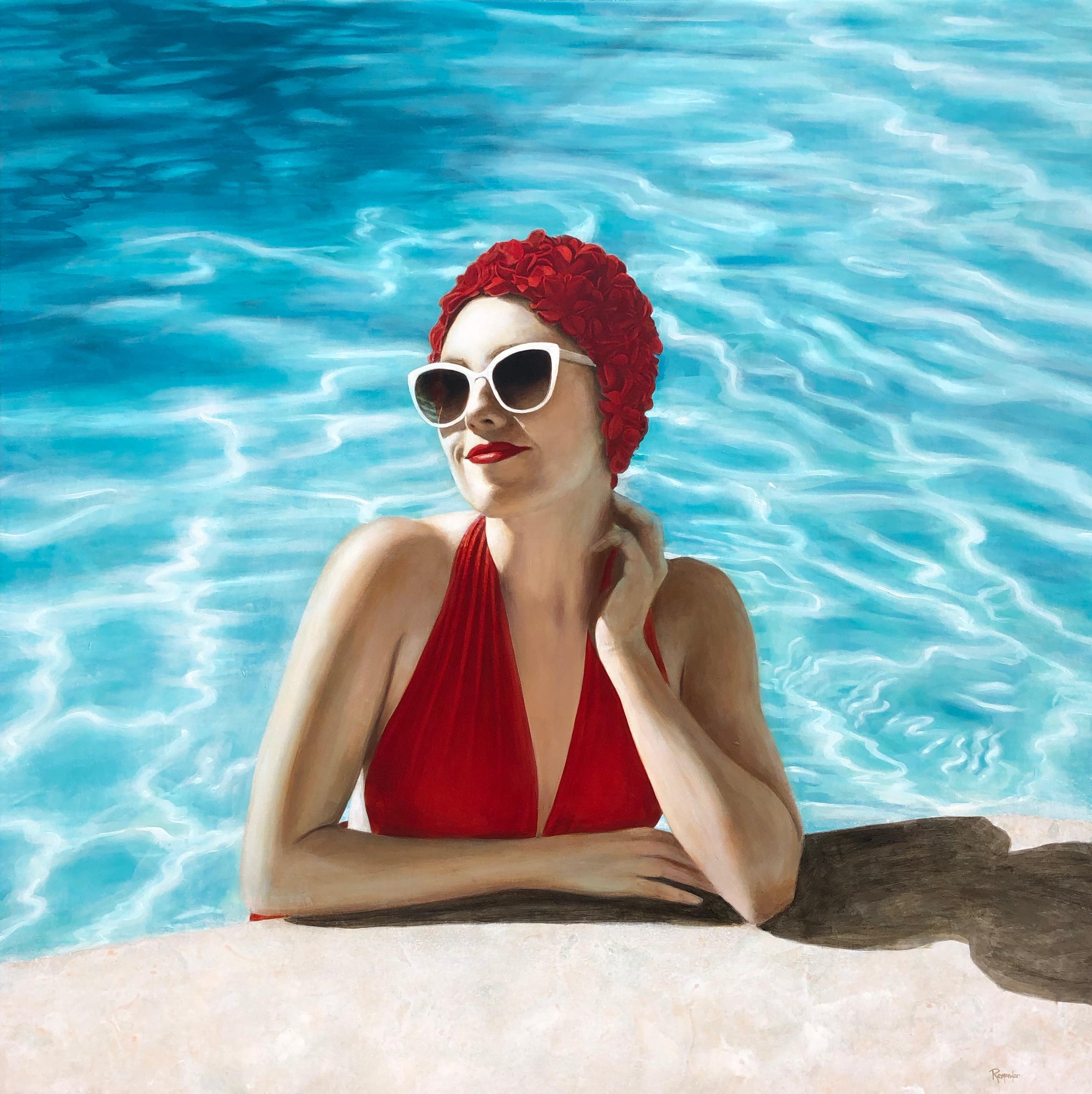 Elise Remender Figurative Painting – „Poolside“-Porträt einer Frau in einem roten Anzug und einer blauen Kapuze in einem blauen Pool