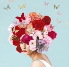 "Summer Botanical" surrealist portrait of girl with pink, red roses, butterflies