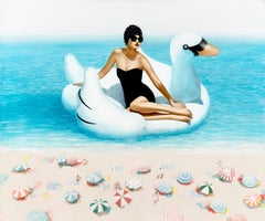 Retro "Venus's Day Off" oil painting of a woman in black suit floating on a swan tube