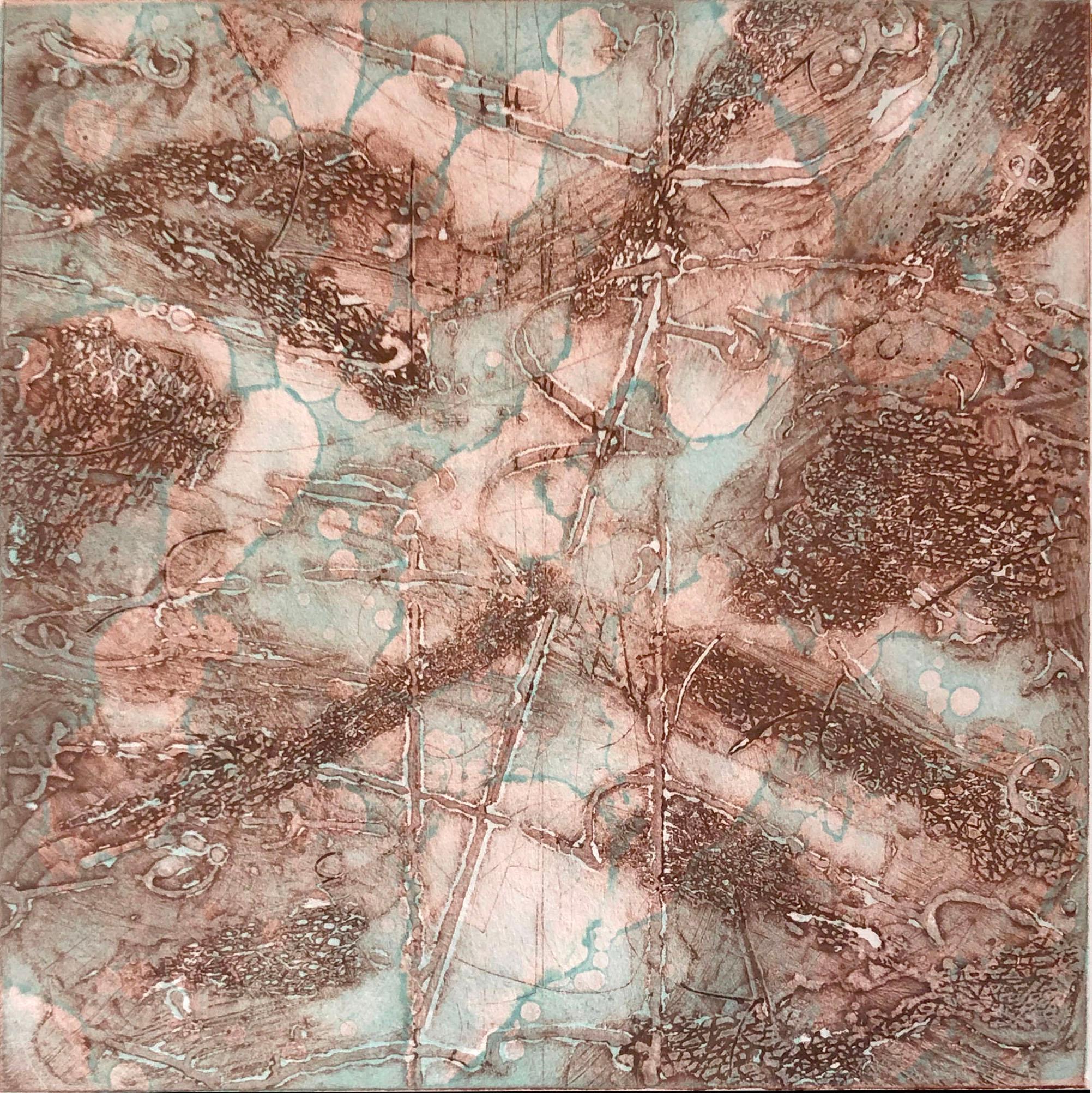 Territory Warming #4 ist eine reich strukturierte Enkaustik-Collagraphie von Elise Wagner, einer Künstlerin, die dafür bekannt ist, wissenschaftliche Untersuchungen mit sinnlicher Materialität zu verbinden. In dieser abstrakten Komposition schichtet