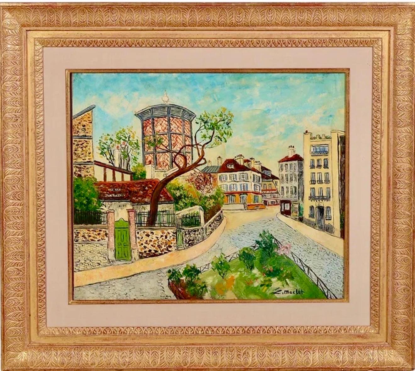 Elisee Maclet (French, 1881-1962), 
Oil painting on canvas 
Hand signed "E. Maclet" lower right. 
Presented in a carved giltwood frame with linen liner
Dimensions: 28 X 31.5. Work Size: 18 x 21.5 in.

Depicting a colorful Montmartre, Paris street