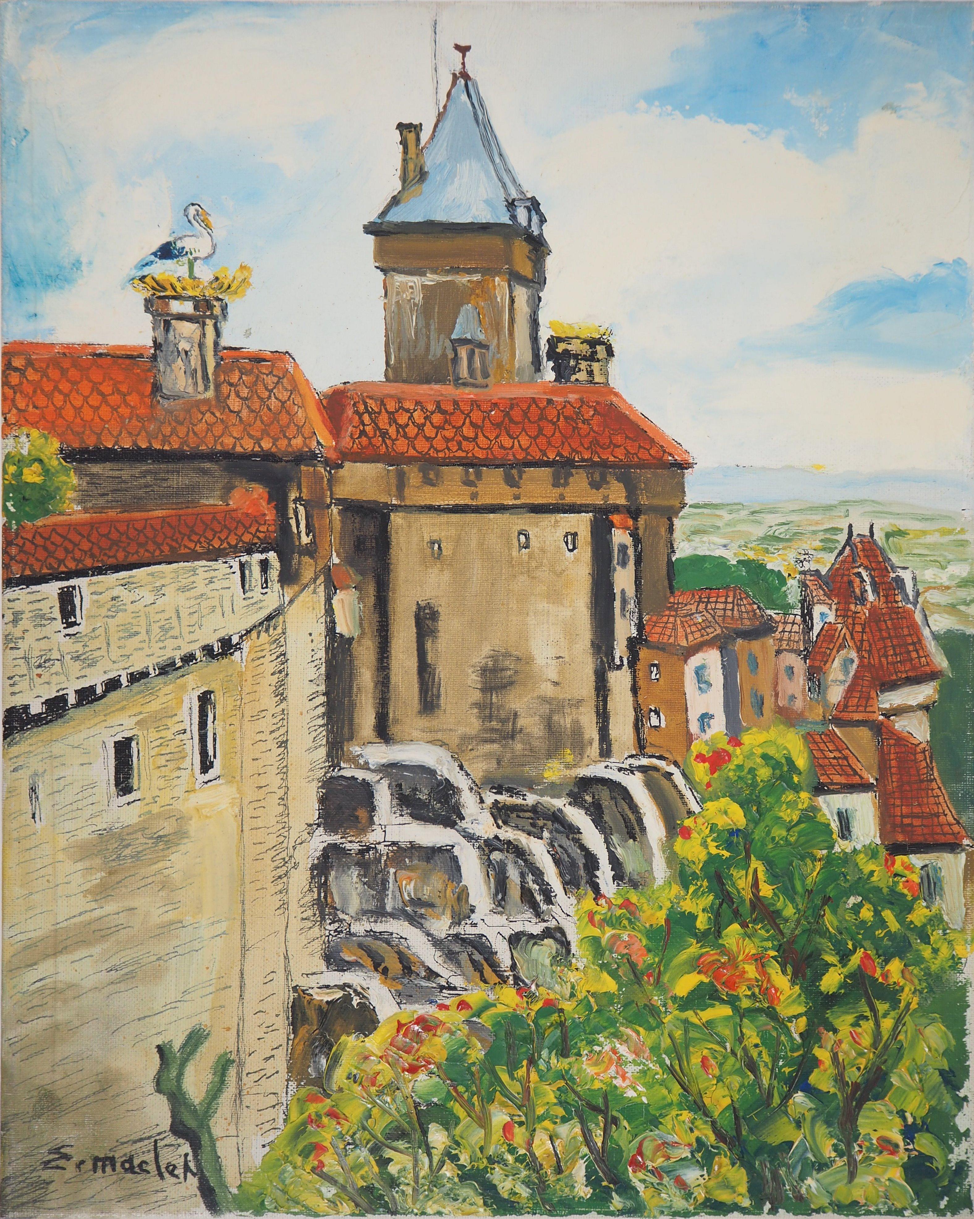Landscape Painting di Elisée Maclet - Alsazia: Castello di Haut-Kœnigsbourg - Olio originale su tela, firmato a mano, 1930 ca.
