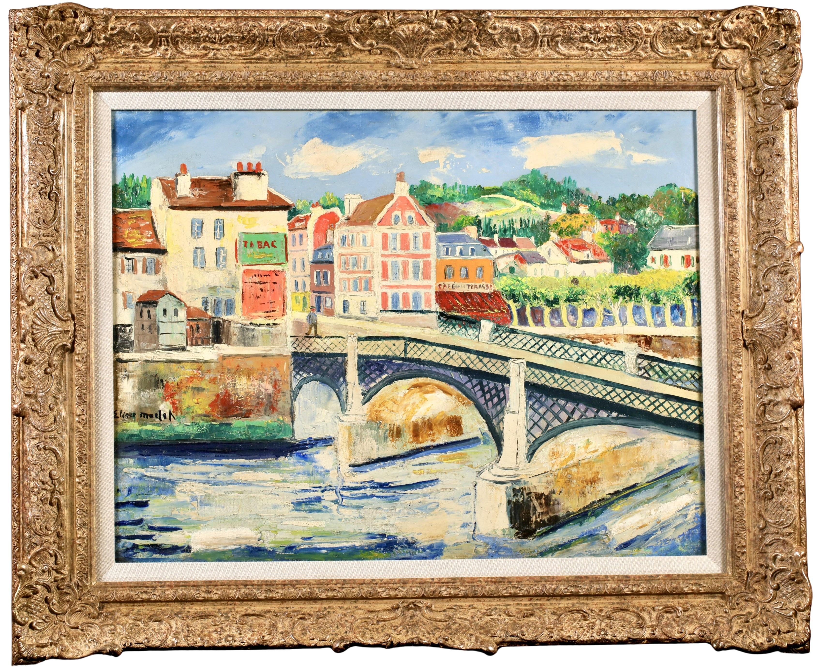 Charenton - Pittura ad olio post-impressionista con paesaggio fluviale di Elisee Maclet