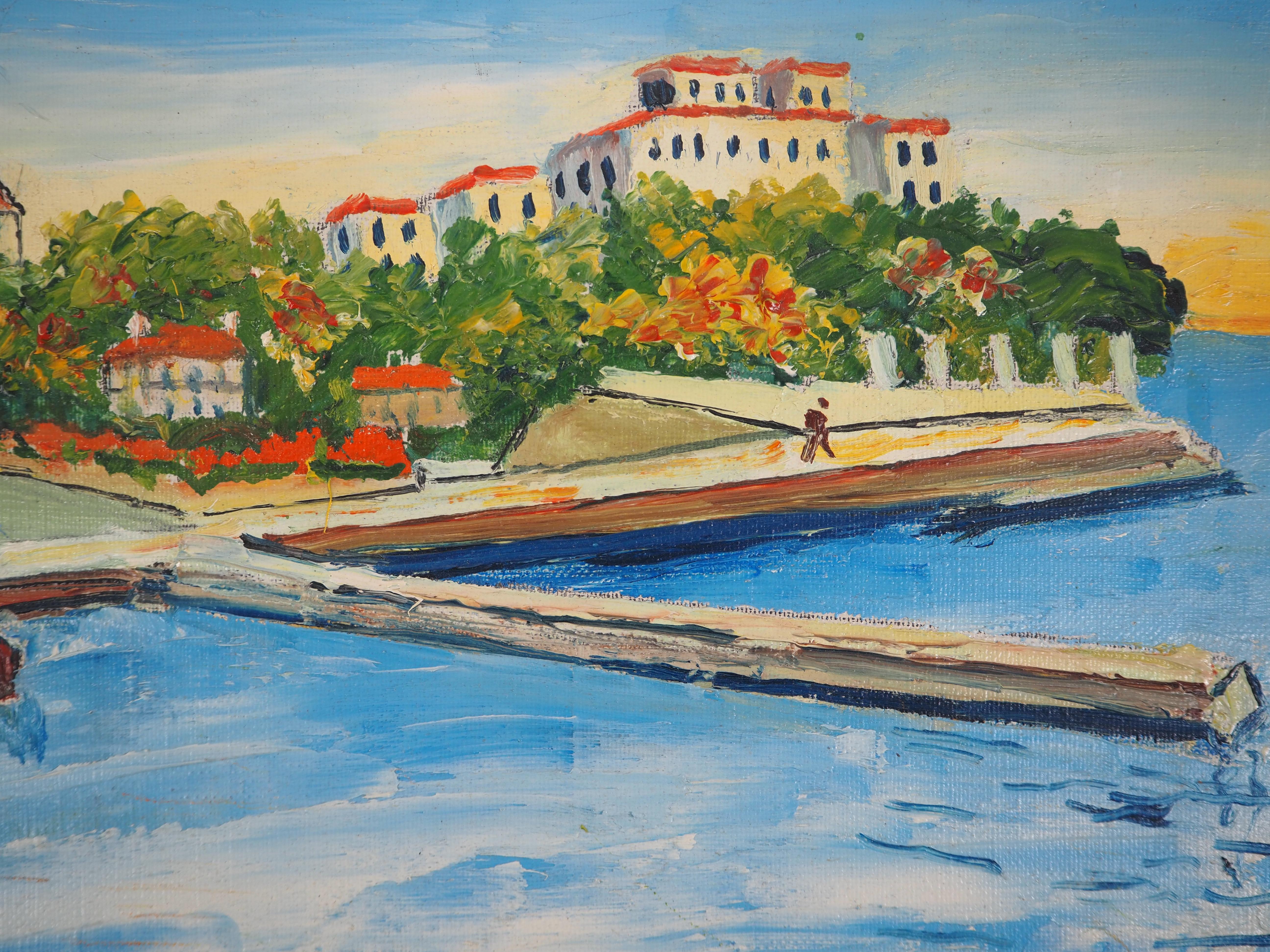 French Riviera : The Small Harbor of Beaulieu - Oil on Canvas - Signed - Post-Impressionist Painting by Elisée Maclet