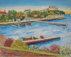 Retro French Riviera : The Small Harbor of Beaulieu - Oil on Canvas - Signed