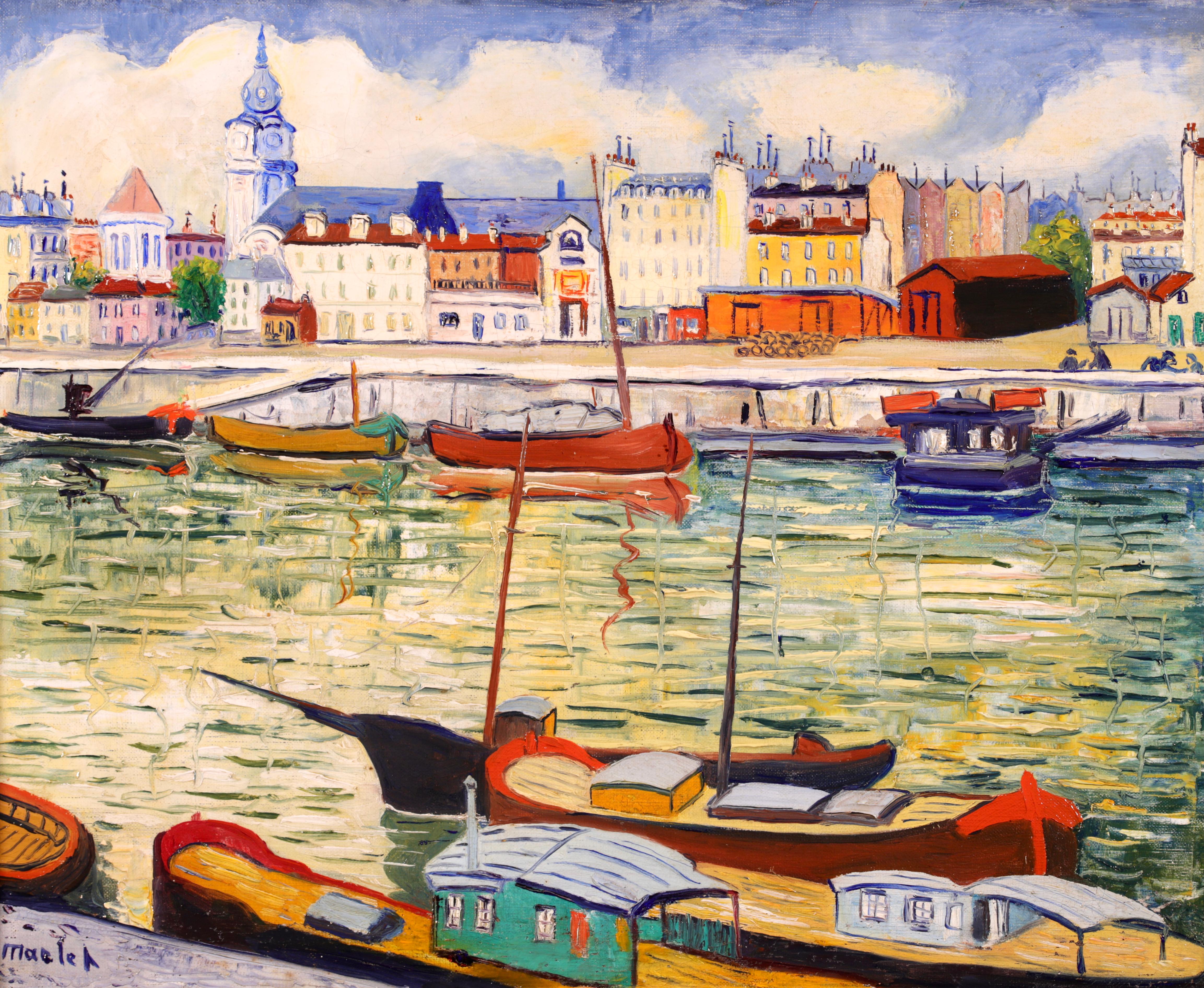 Honfleur - Huile post-impressionniste, paysage de rivière dans la ville par Elisee Maclet - Painting de Elisée Maclet