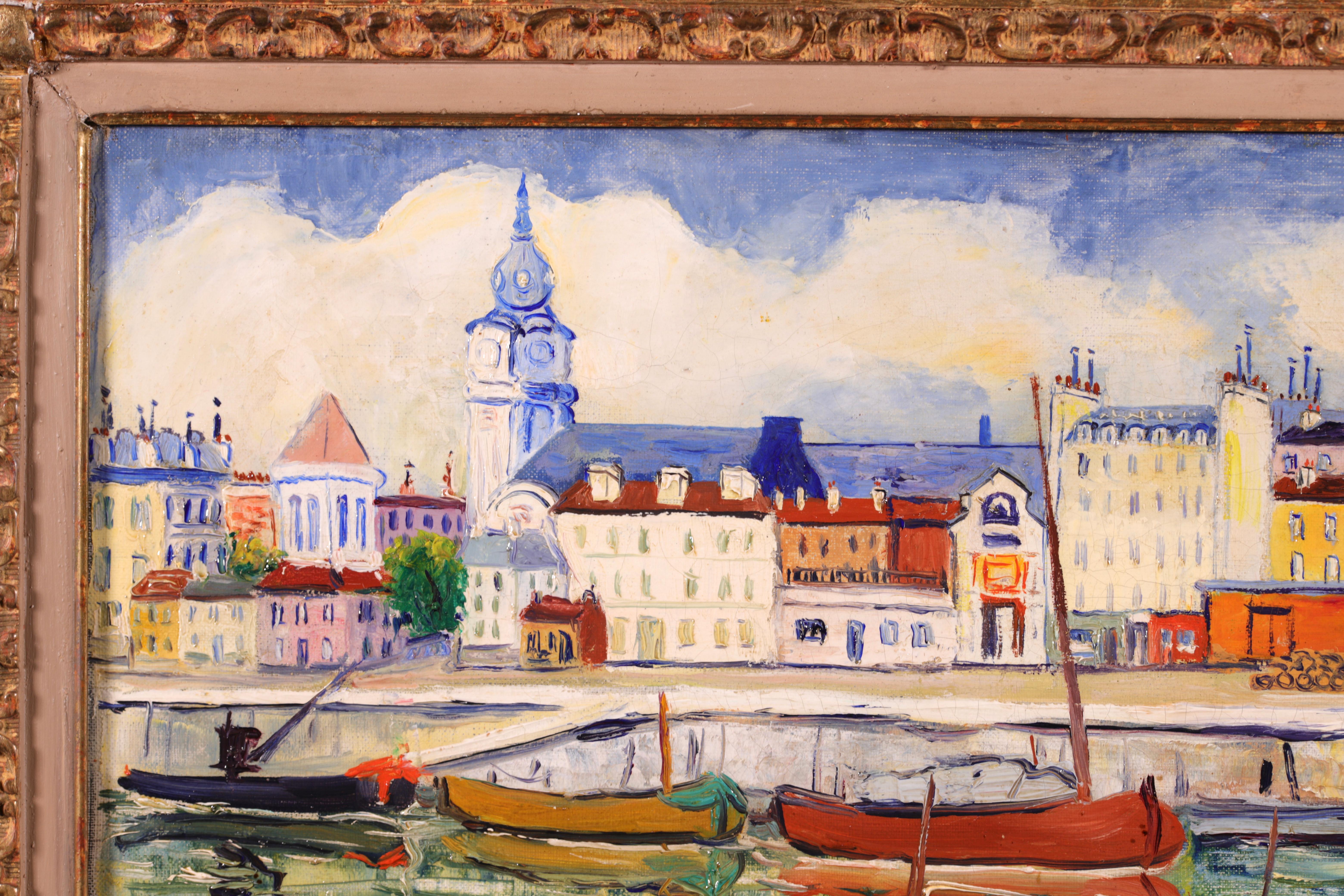 Honfleur - Huile post-impressionniste, paysage de rivière dans la ville par Elisee Maclet - Post-impressionnisme Painting par Elisée Maclet
