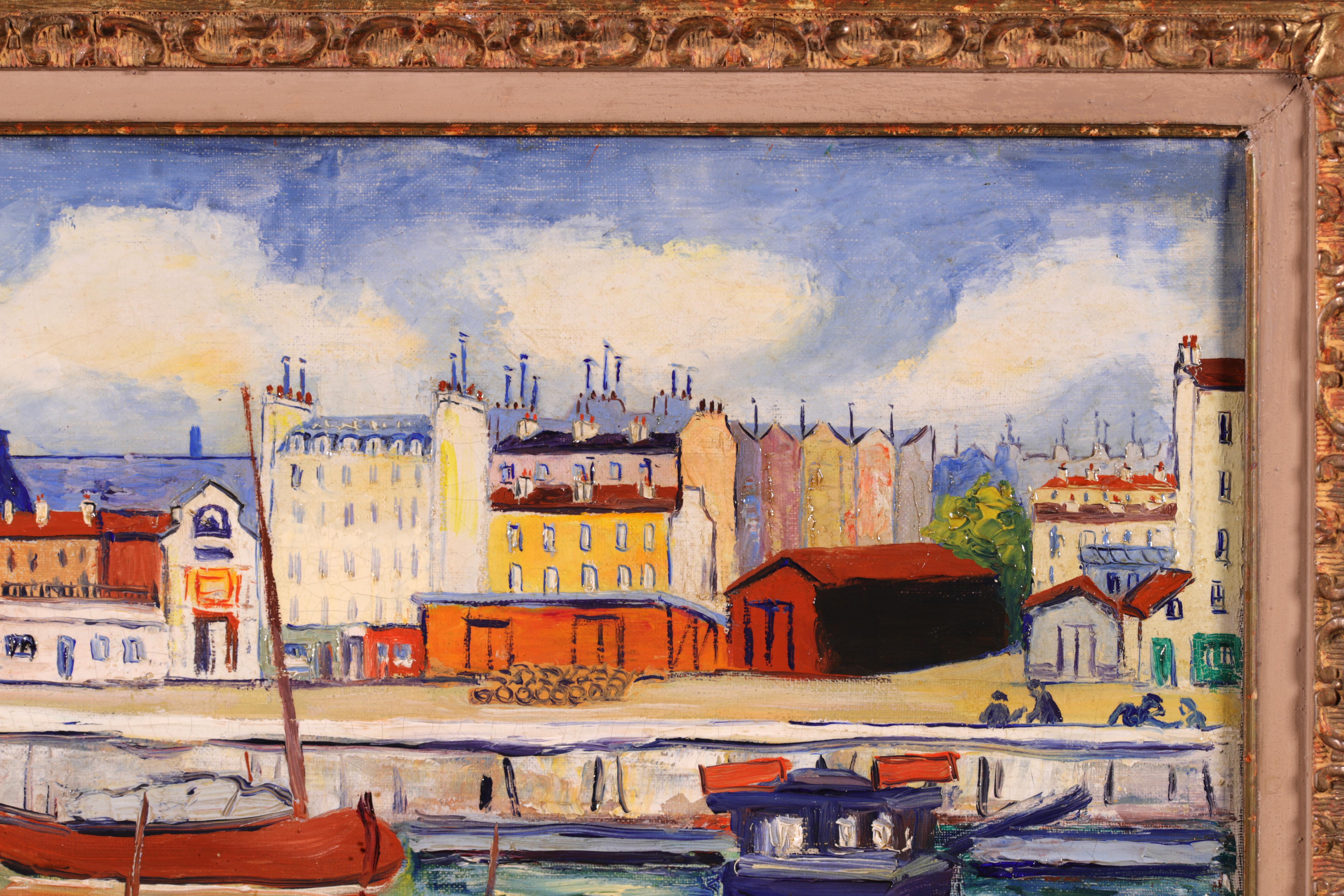 Huile sur carton post-impressionniste signée de l'artiste peintre française Elisee Maclet. L'œuvre représente une vue du port de Honfleur, en Normandie, sur l'estuaire de la Seine. Des rangées de bateaux colorés sont amarrées au port et les