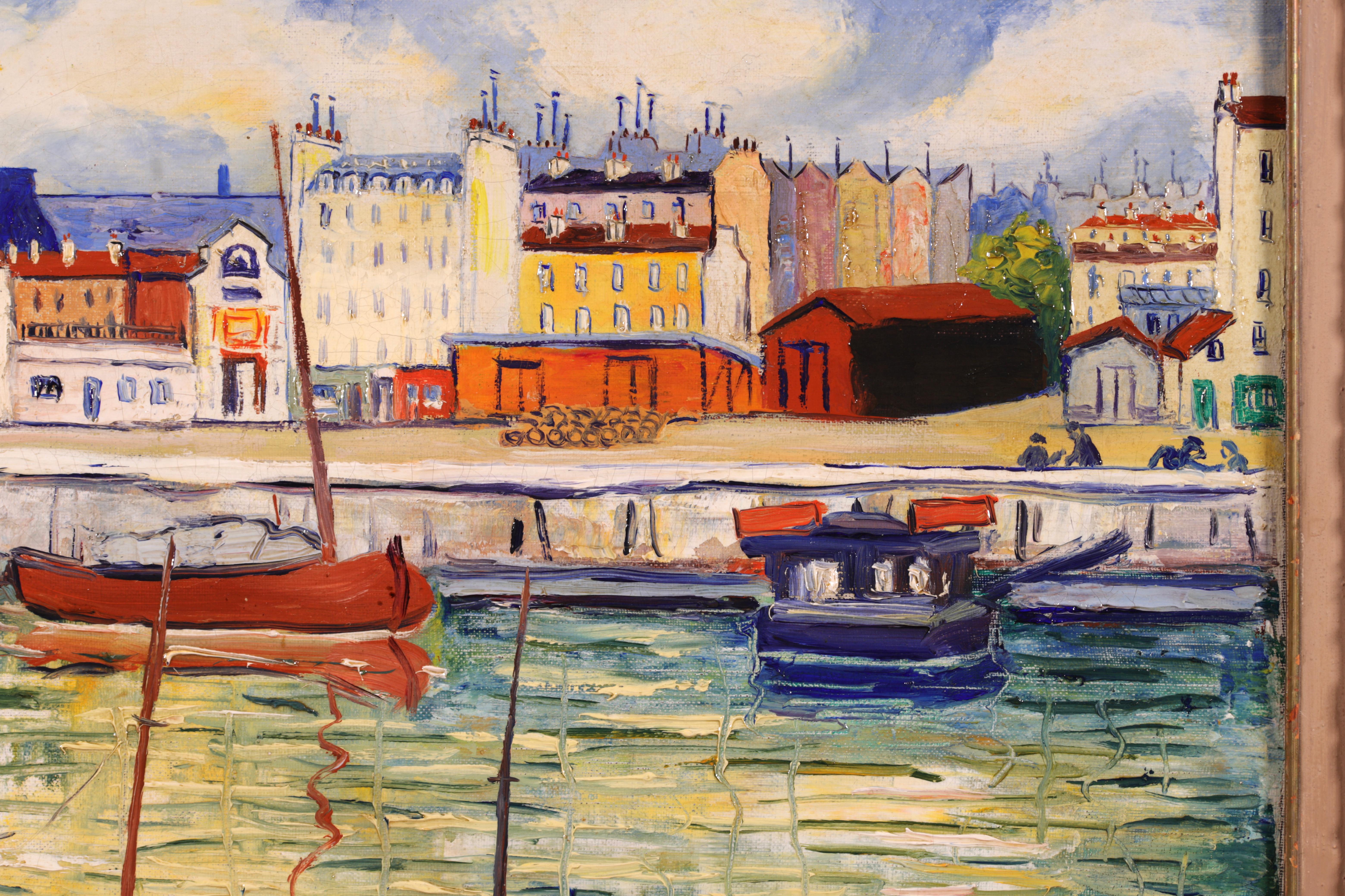 Signed post-impressionist river cityscape oil on board by French painter Elisee Maclet. The work depicts a view of the port at Honfleur, Normandy on the River Seine Estuary. Rows of colourful boats are moored at the port and the characterful