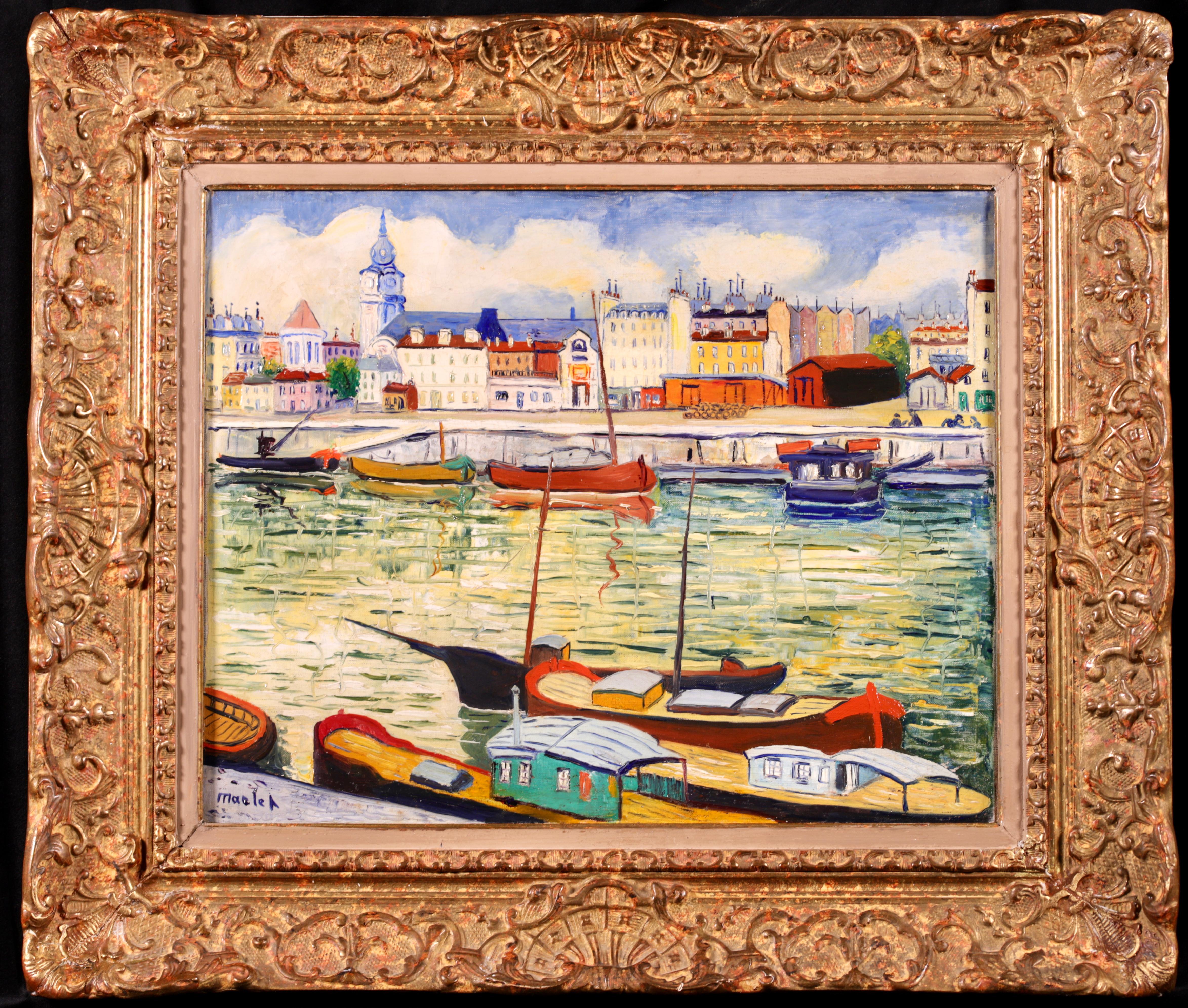 Elisée Maclet Figurative Painting - Honfleur - Post-Impressionist Oil, River in City Landscape by Elisee Maclet