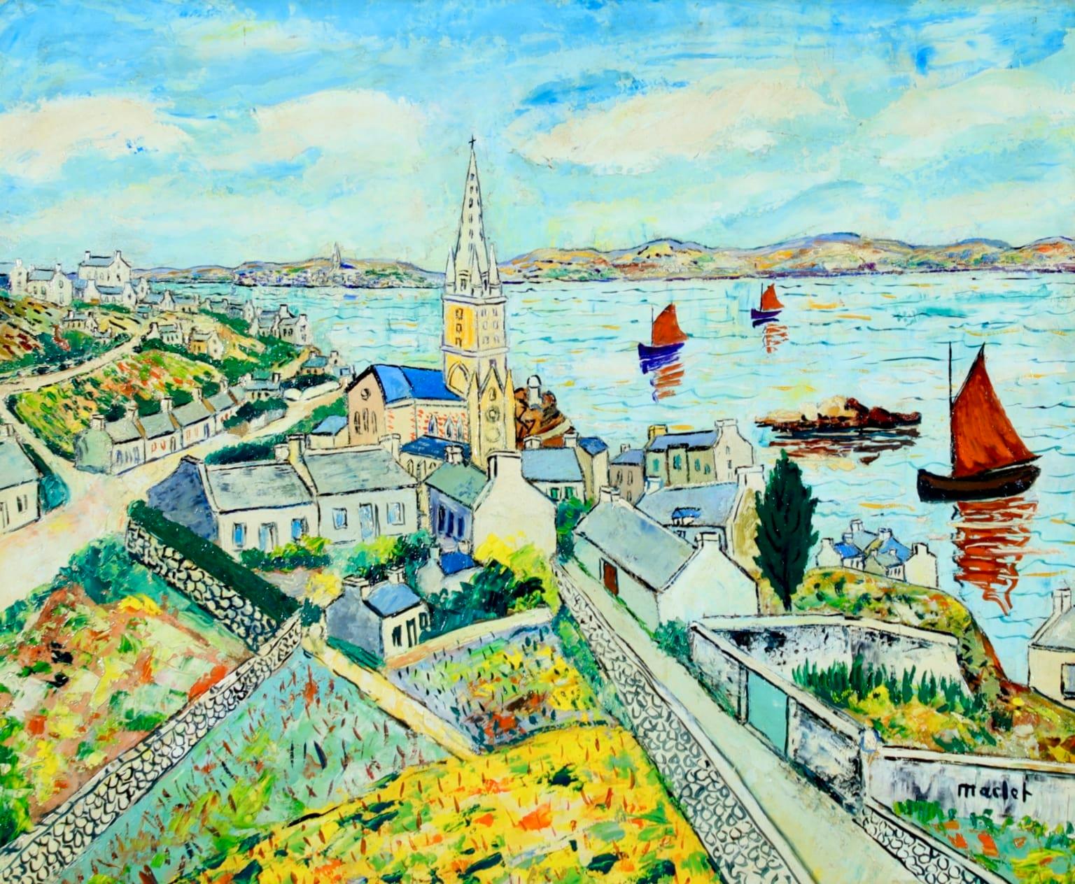 Ile de Batz - Huile post-impressionniste, paysage de bateaux en mer par Elisee Maclet - Painting de Elisée Maclet