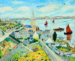 Ile de Batz - Huile post-impressionniste, paysage de bateaux en mer par Elisee Maclet