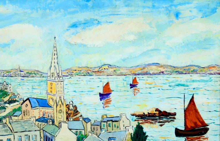 Ile de Batz - Post-Impressionist Oil, Boats at Sea Landscape by Elisee Maclet - Beige Landscape Painting by Elisée Maclet