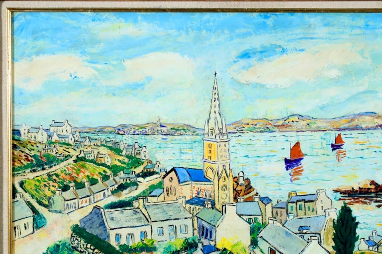 An enchanting oil on cardboard laid on panel by French post-impressionist painter Elisee Maclet depicting the French coastal town of Ile de Batz. The town church sits in the centre of the painting overlooking the bay where boats with red sails are