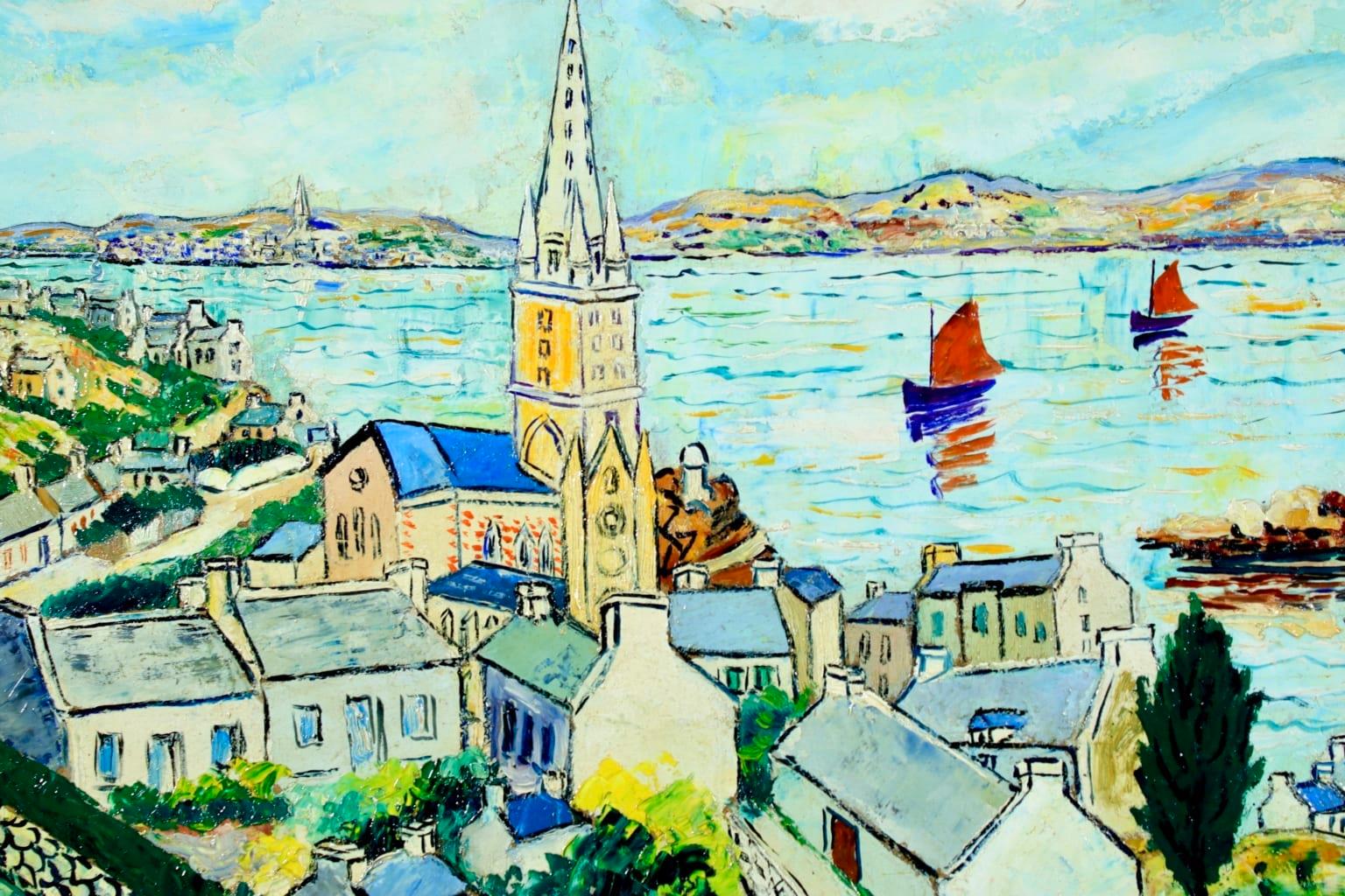 Ile de Batz - Post-Impressionist Oil, Boats at Sea Landscape by Elisee Maclet - Beige Landscape Painting by Elisée Maclet
