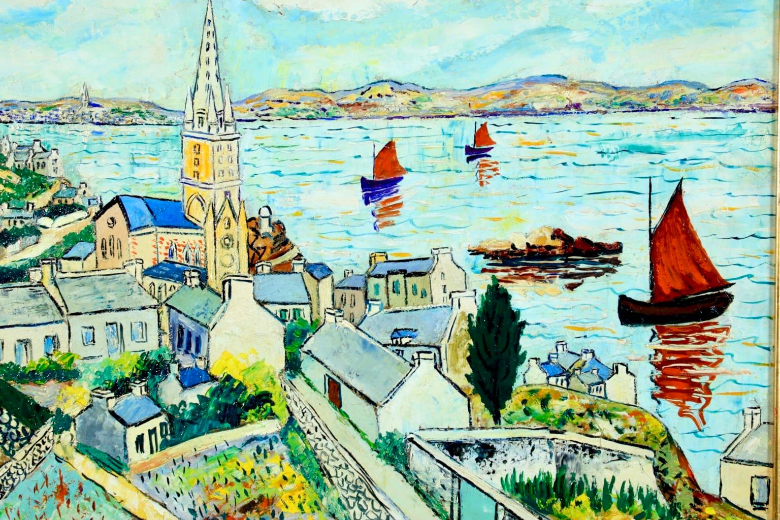 An enchanting oil on cardboard laid on panel by French post-impressionist painter Elisee Maclet depicting the French coastal town of Ile de Batz. The town church sits in the centre of the painting overlooking the bay where boats with red sails are