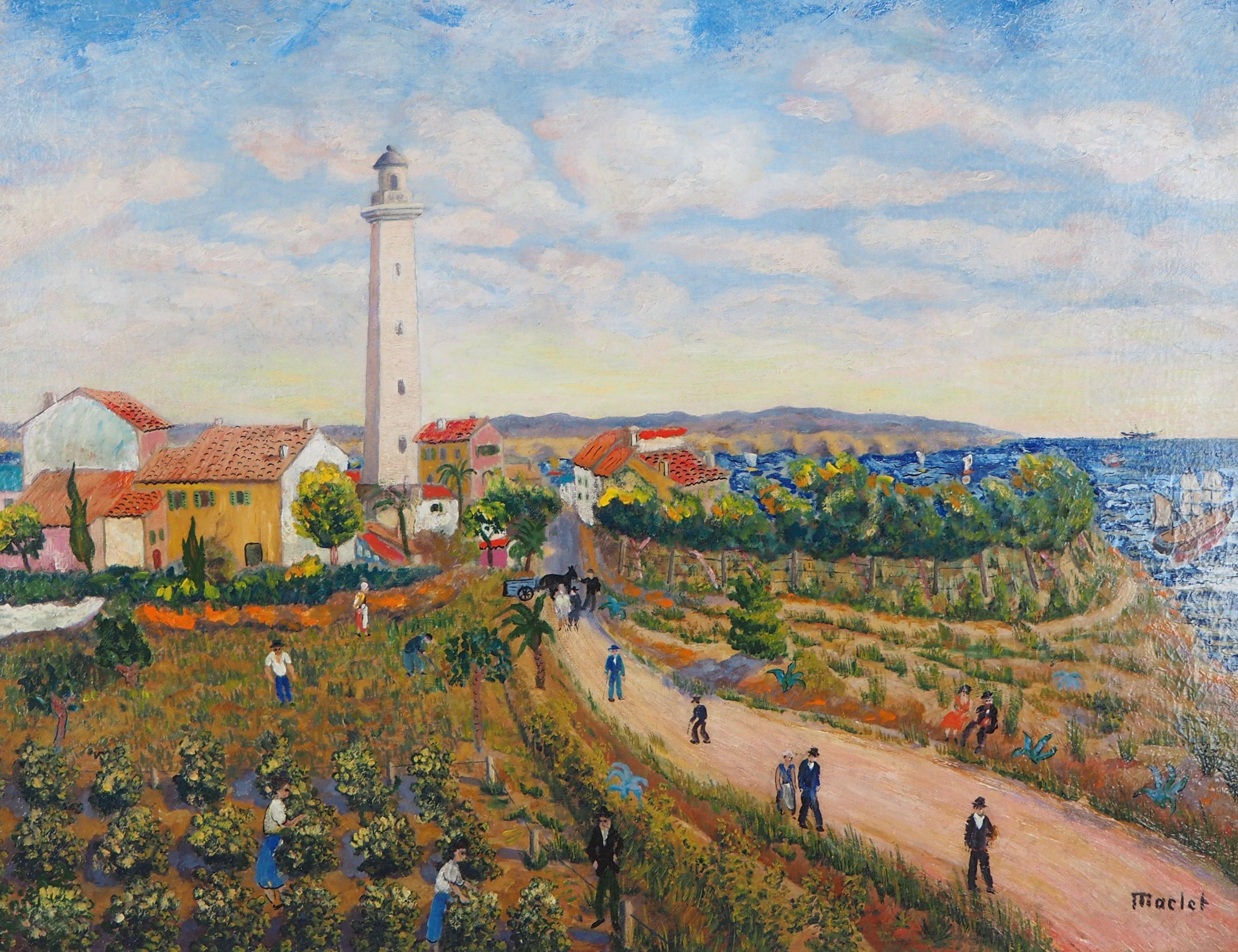 Landscape with a Lighthouse - Original Oil on Canvas, Handsigned, c. 1930 - Gray Landscape Painting by Elisée Maclet