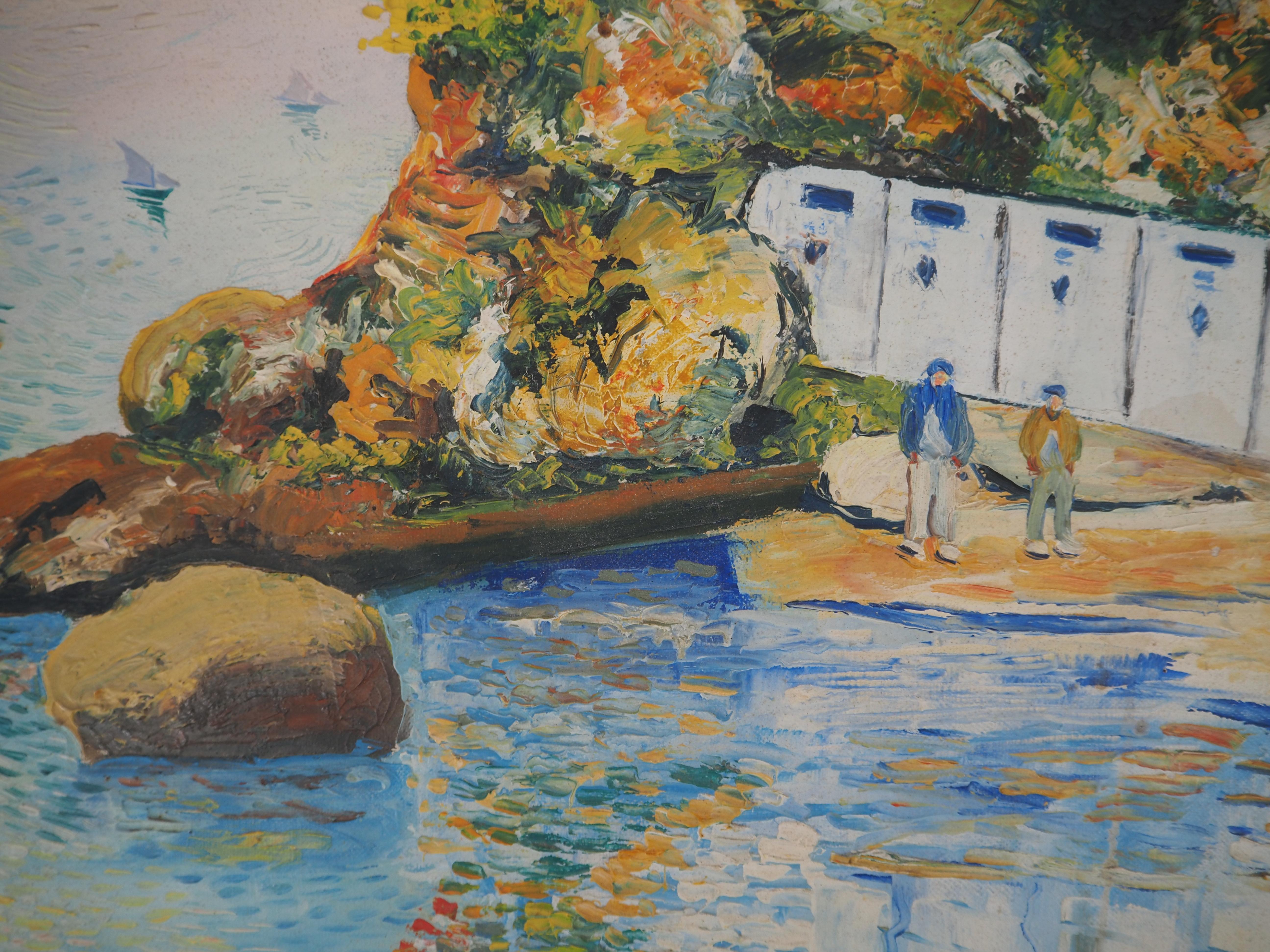 Paisaje marino mediterráneo cerca de Tolón - Óleo sobre lienzo - Firmado - Landscape Painting Gris de Elisée Maclet