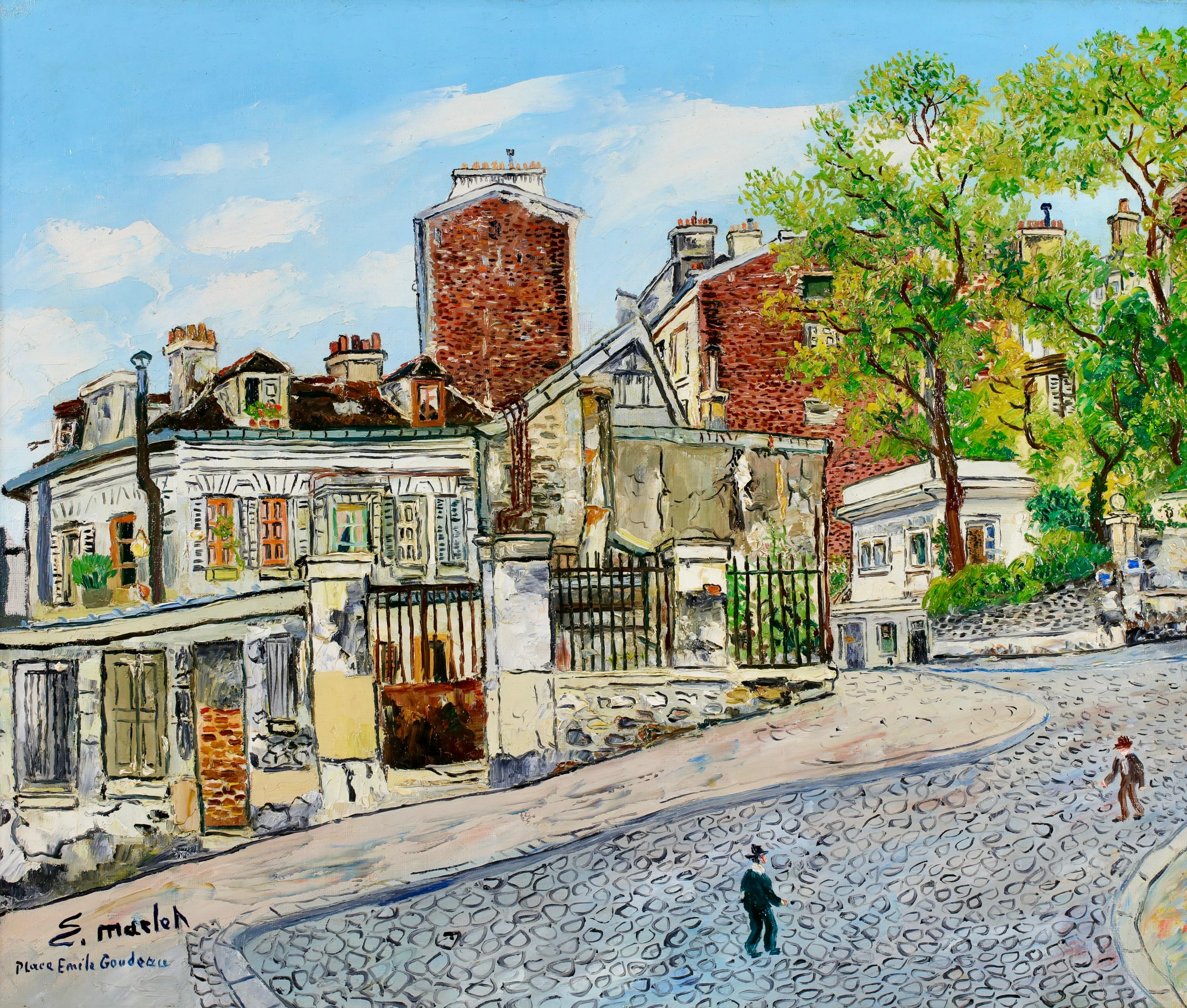 Huile de Montmartre Place Emile Goudeau- Paysage post-impressionniste - Elisee Maclet - Painting de Elisée Maclet
