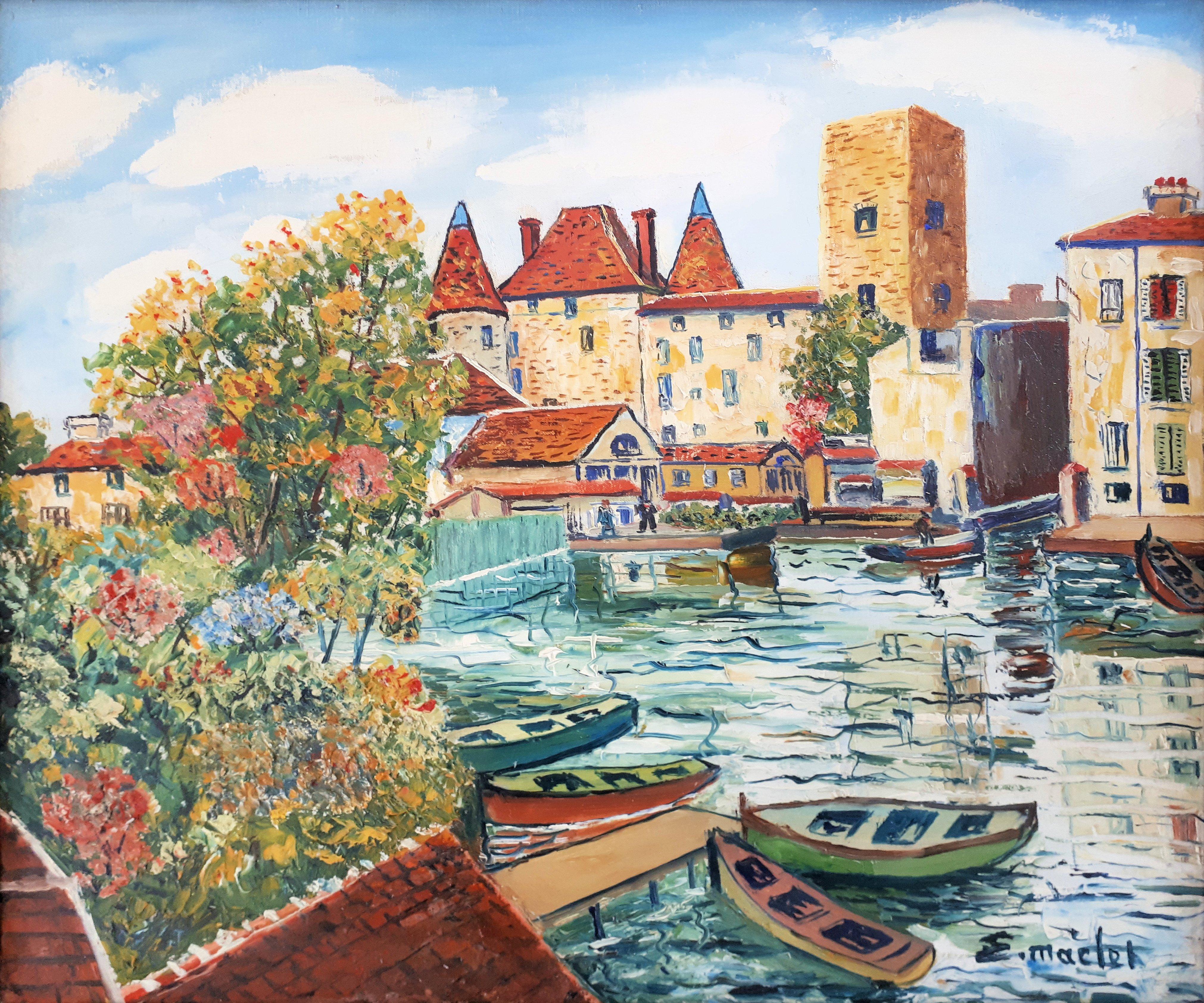 Nemours (Little Venice in France) - Original oil on canvas - Signed - Painting by Elisée Maclet