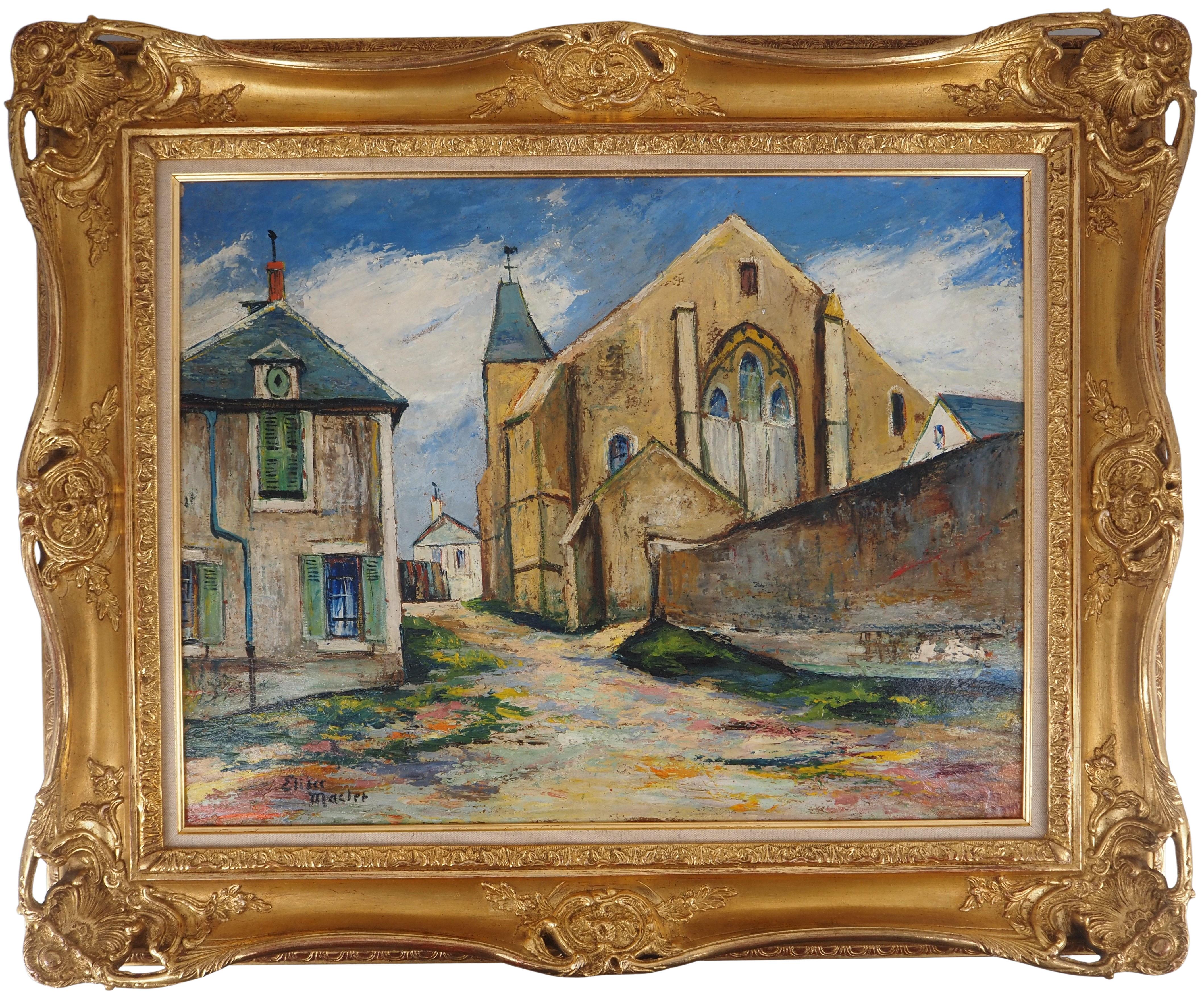 Elisée Maclet Landscape Painting – Normandie: Die alte römische Kirche – Original-Ölgemälde auf Tafel – signiert (Cottel #217)