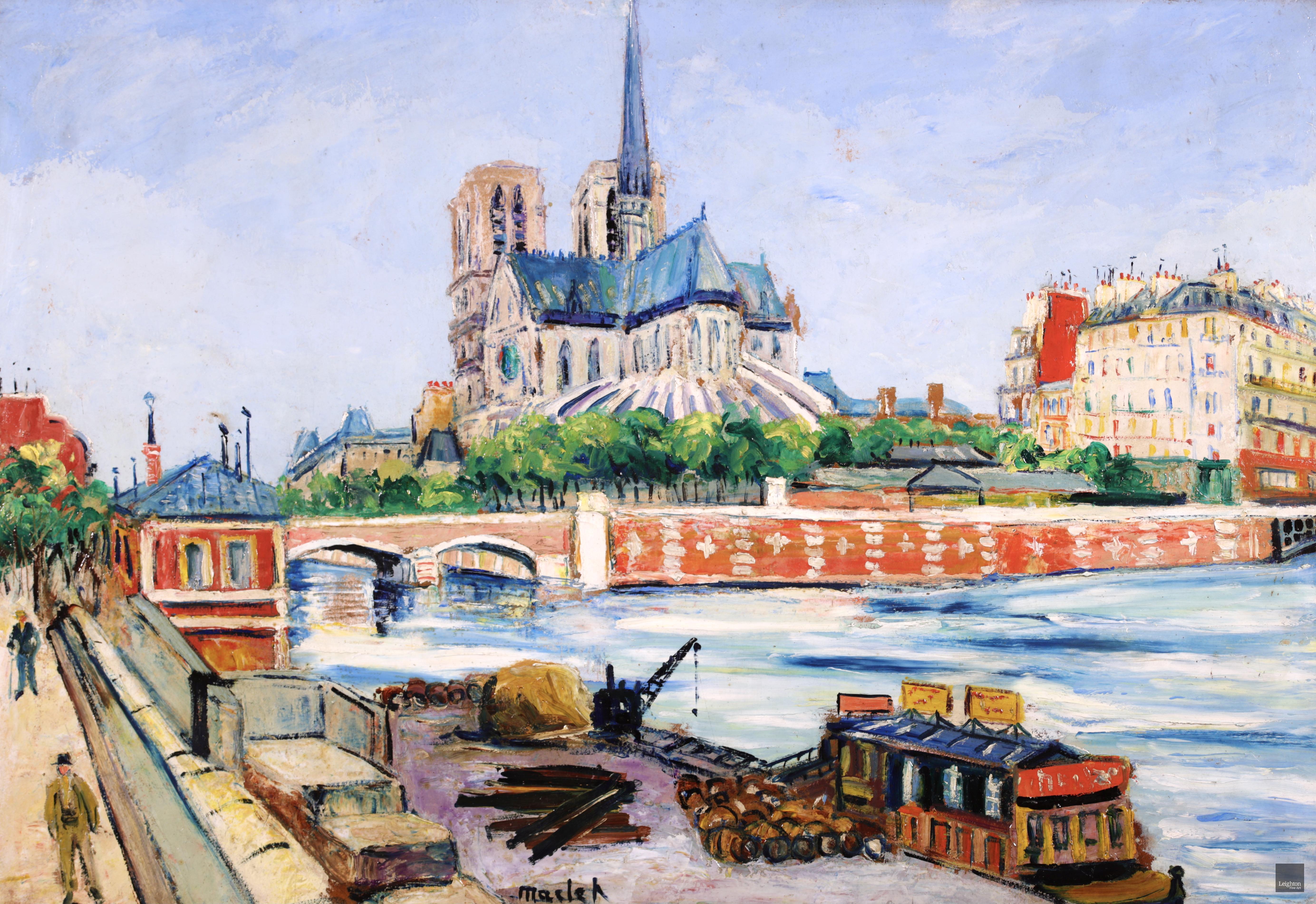 Notre Dame - Ile de la Cite - Huile post-impressionniste, paysage fluvial - Elisee Maclet - Painting de Elisée Maclet