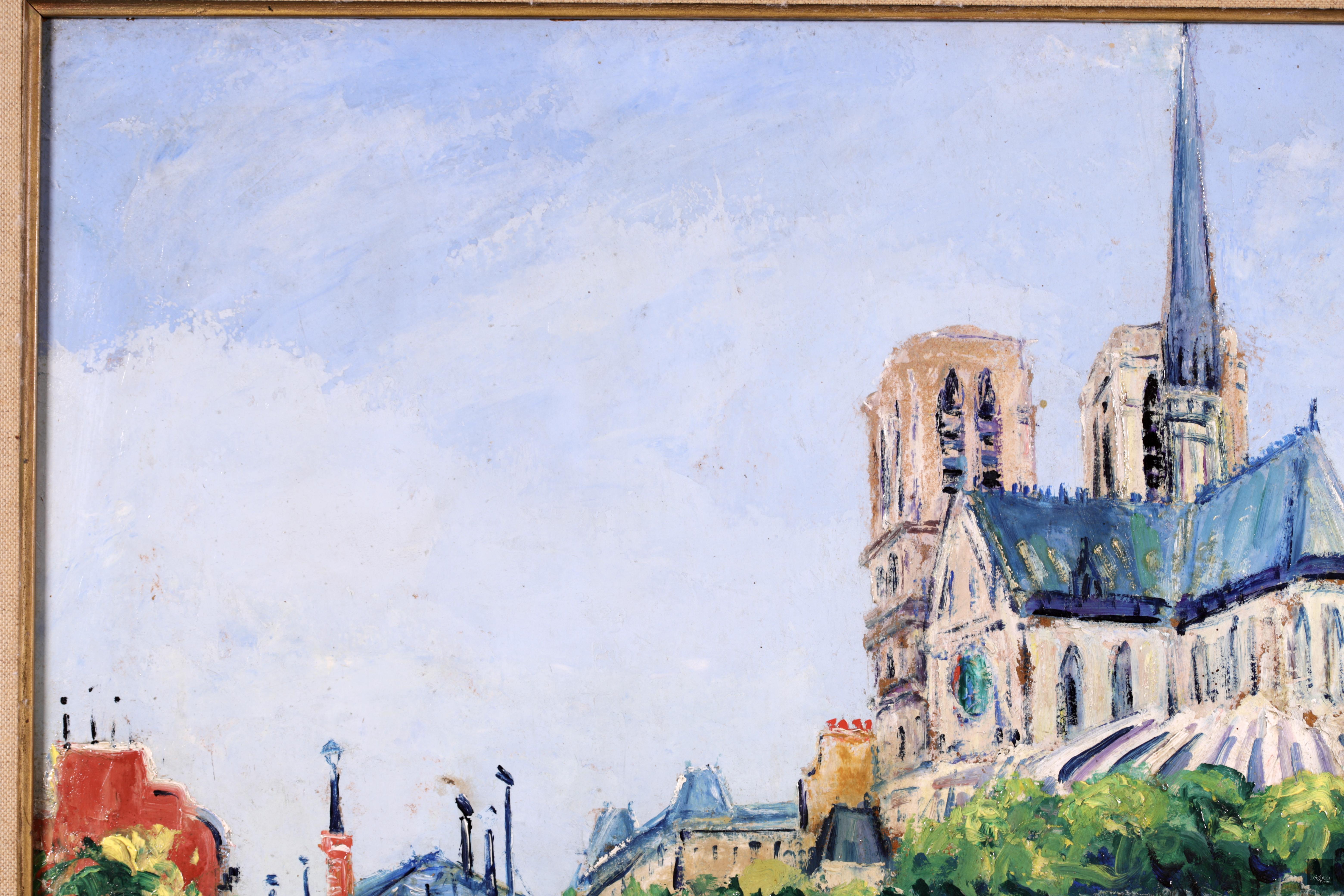 Notre Dame - Ile de la Cite - Huile post-impressionniste, paysage fluvial - Elisee Maclet - Post-impressionnisme Painting par Elisée Maclet