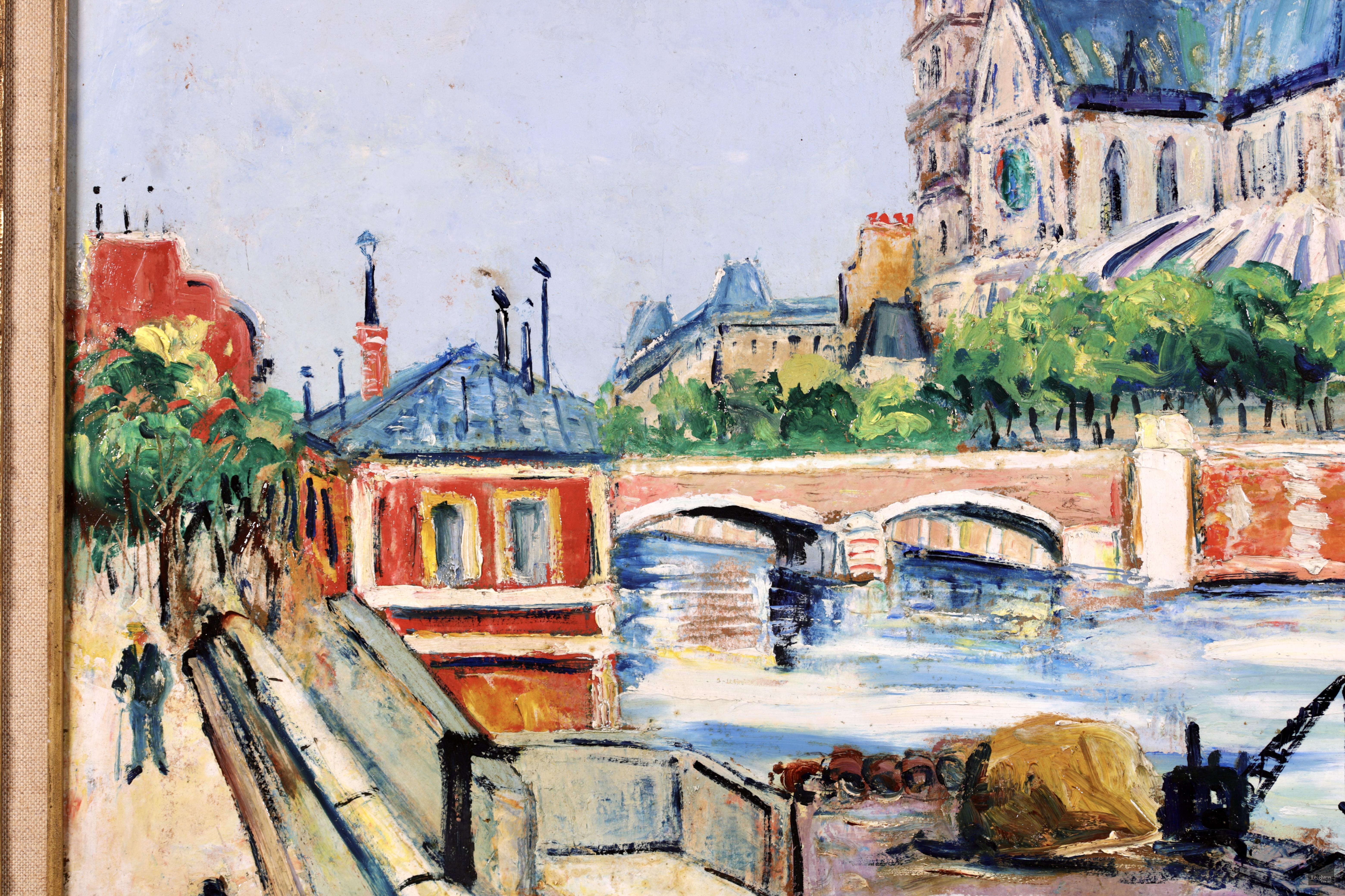 Notre Dame - Ile de la Cite - Huile post-impressionniste, paysage fluvial - Elisee Maclet - Marron Figurative Painting par Elisée Maclet