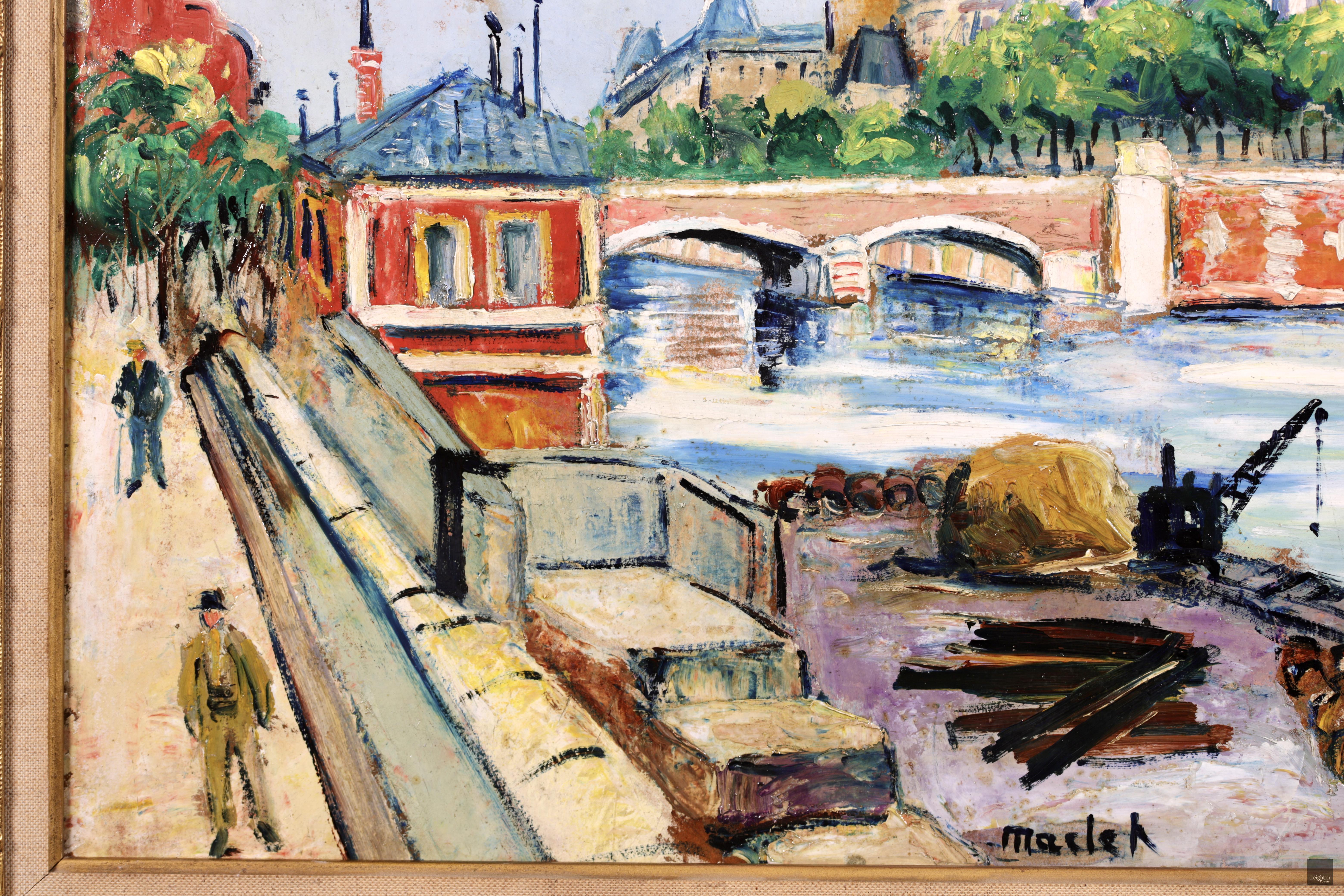 Huile sur carton post-impressionniste signée de la peintre française Elisee Maclet. L'œuvre représente une vue de la cathédrale Notre-Dame sur l'île de la Cité - une île de la Seine à Paris, en France - par une journée ensoleillée. Une pièce