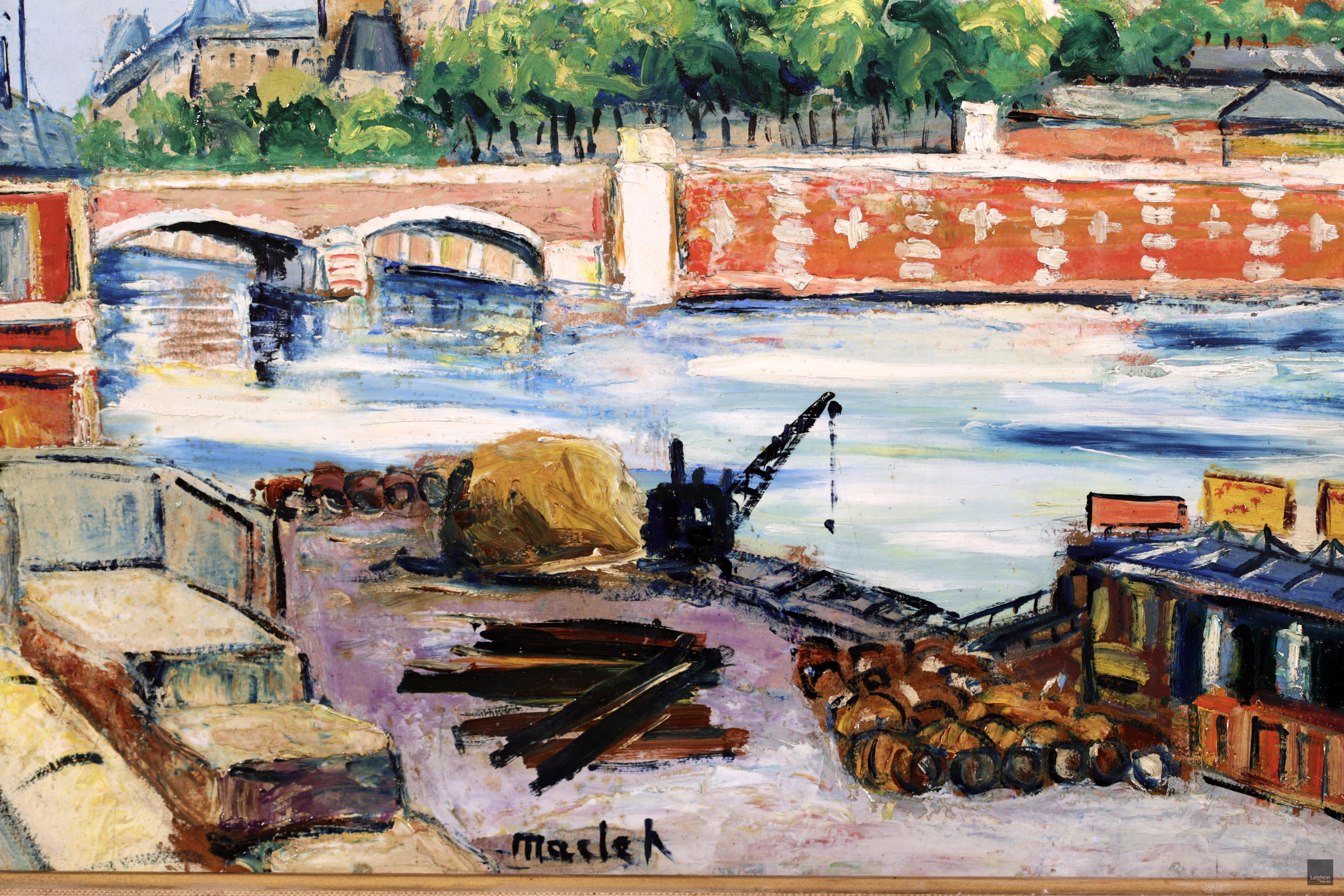 Notre Dame - Ile de la Cite - Post-Impressionist Oil, Riverscape - Elisee Maclet - Brown Figurative Painting by Elisée Maclet